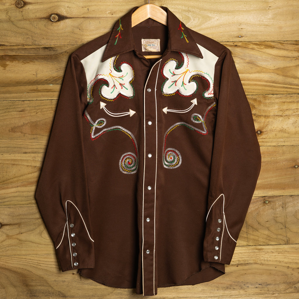1970s H Bar C California Ranchwear Women's Brown Embroidered Western Shirt - Pearl Snaps - Size 14