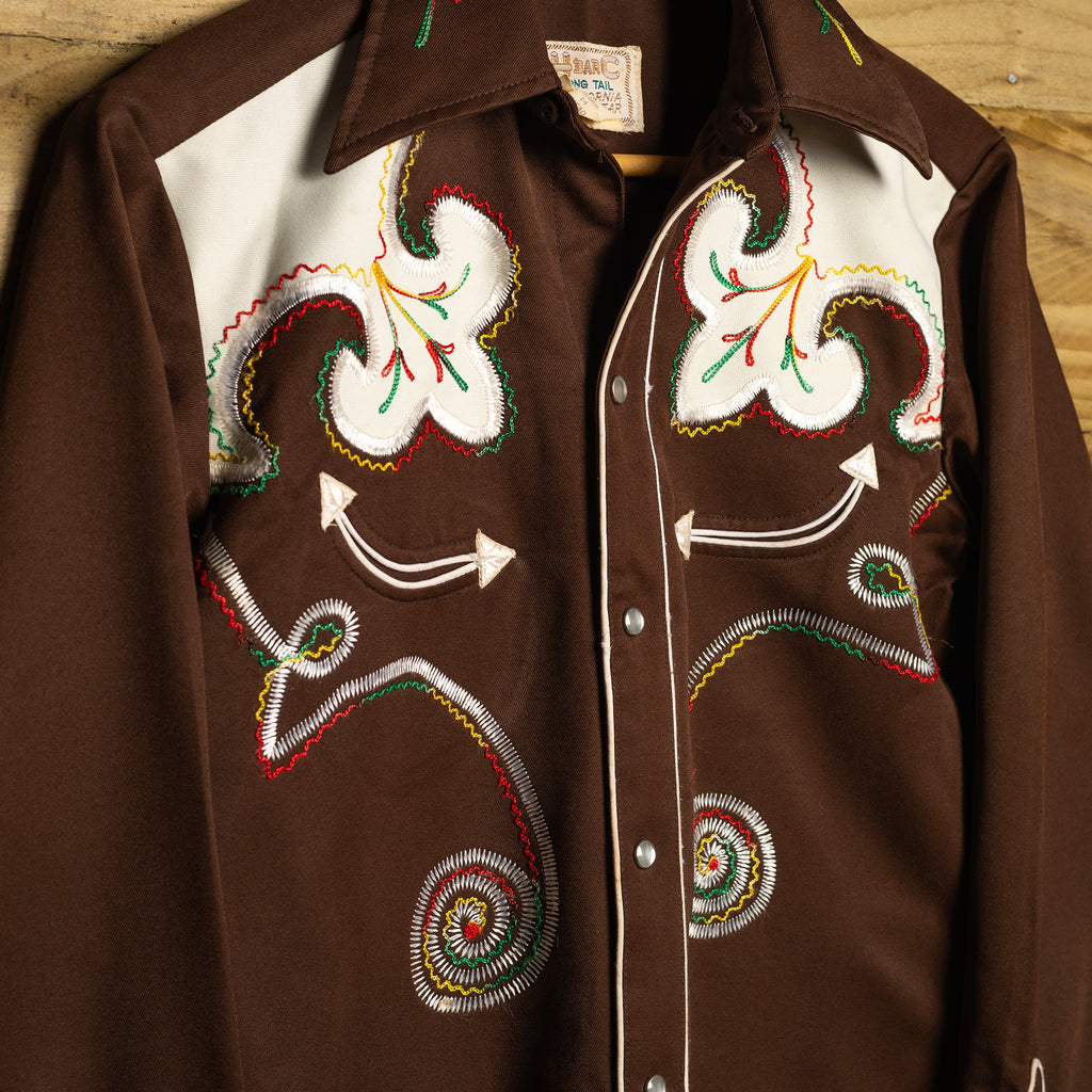 1970s H Bar C California Ranchwear Women's Brown Embroidered Western Shirt - Pearl Snaps - Size 14