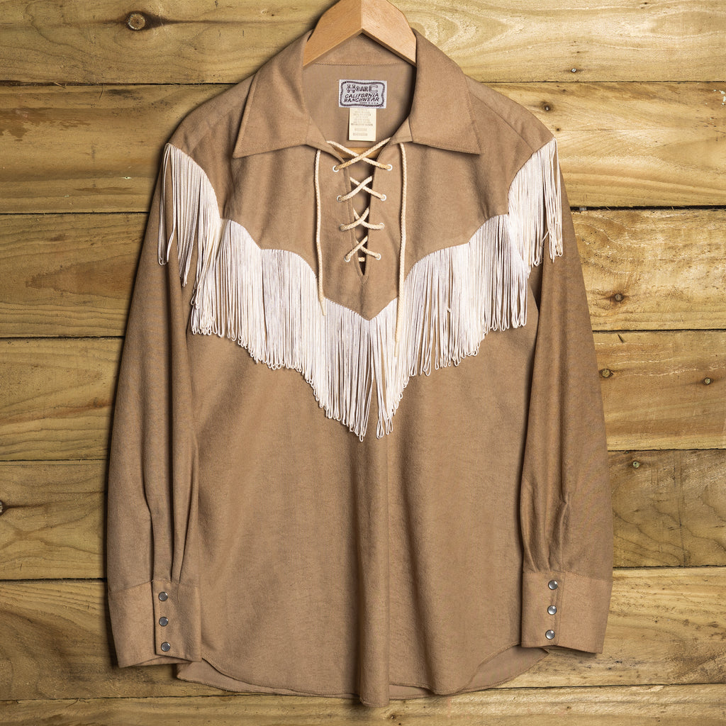 1970s H Bar C California Ranchwear Fringed Buckskin Cowboy Shirt - Drawstring - Size M