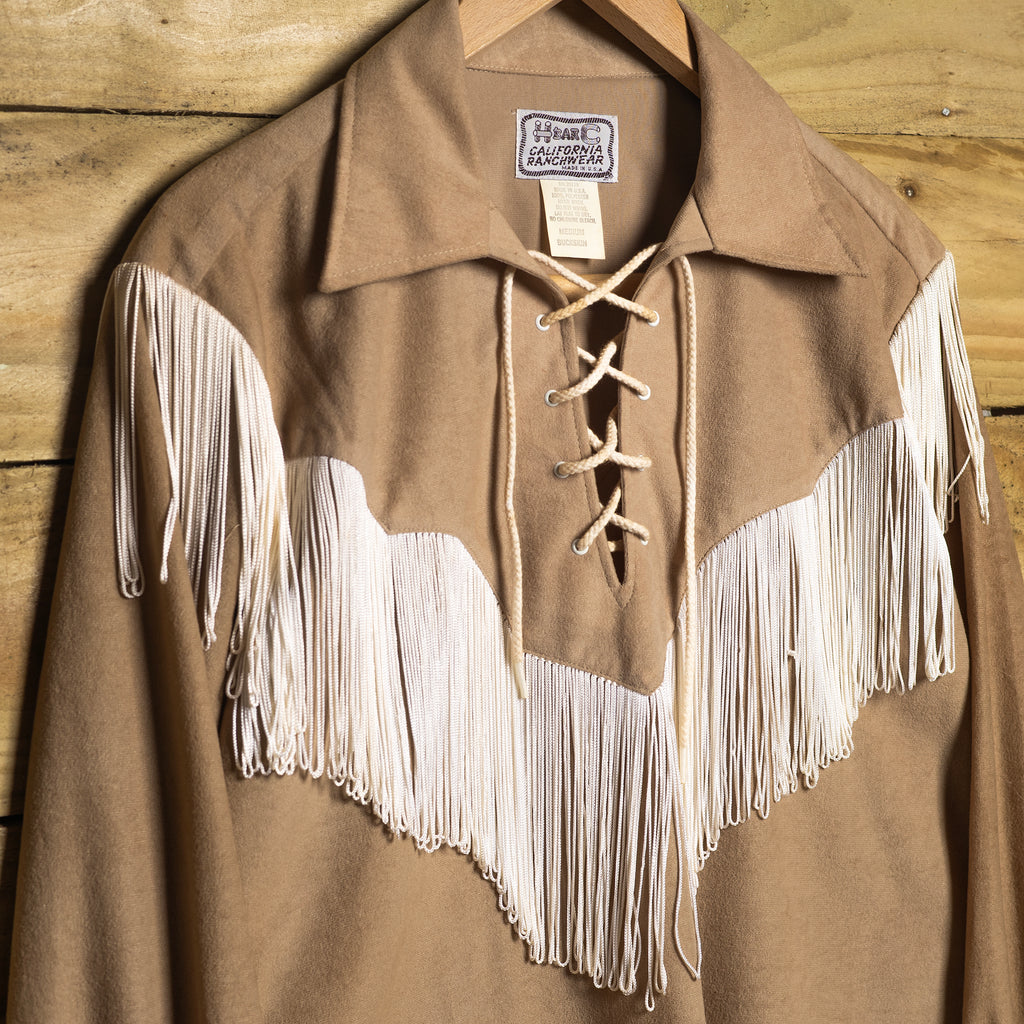 1970s H Bar C California Ranchwear Fringed Buckskin Cowboy Shirt - Drawstring - Size M