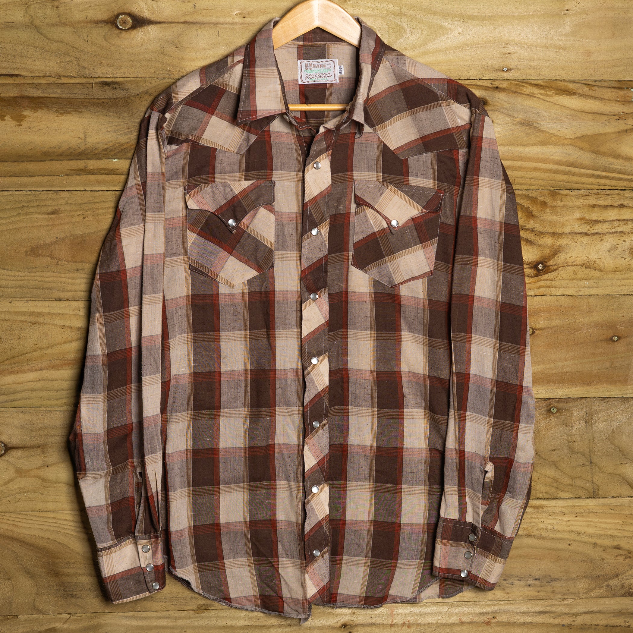1970s H Bar C California Ranchwear Brown Check Western Shirt L
