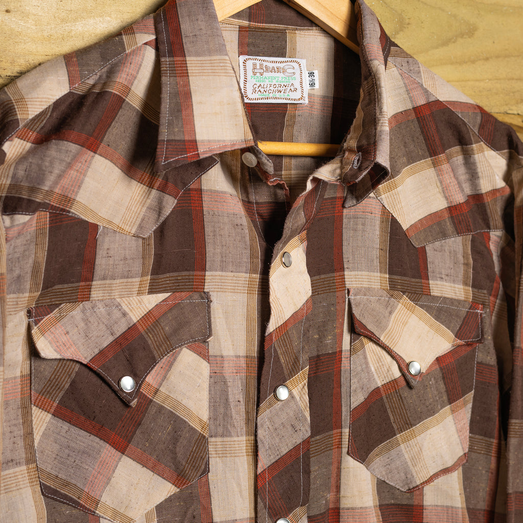 1970s H Bar C California Ranchwear Brown Check Western Shirt - Pearl Snaps - Size L
