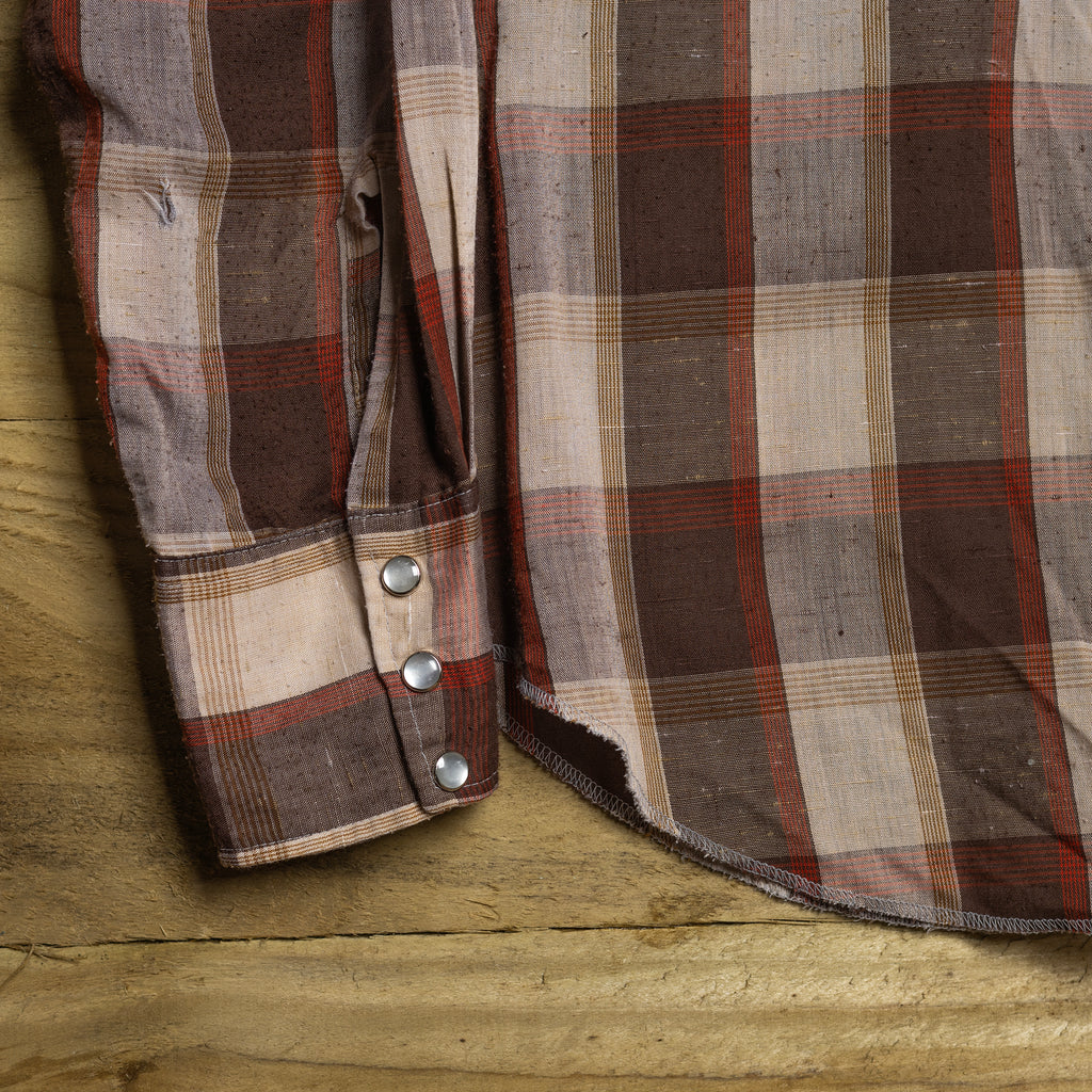 1970s H Bar C California Ranchwear Brown Check Western Shirt - Pearl Snaps - Size L