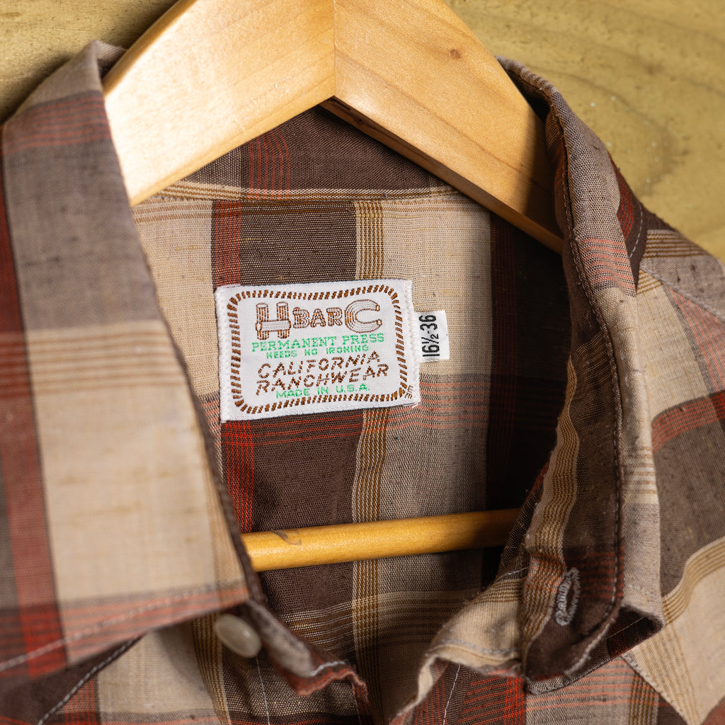 1970s H Bar C California Ranchwear Brown Check Western Shirt - Pearl Snaps - Size L