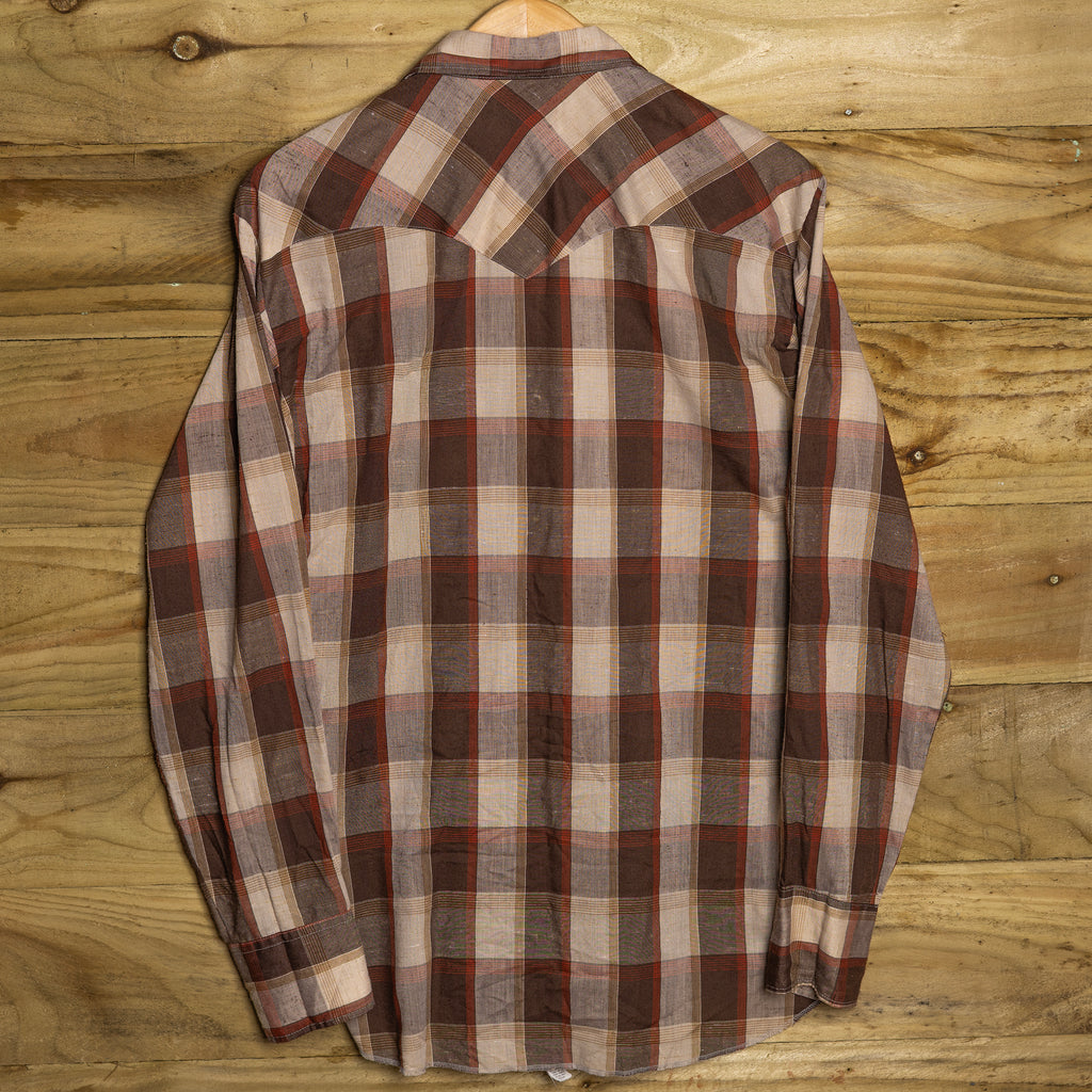 1970s H Bar C California Ranchwear Brown Check Western Shirt - Pearl Snaps - Size L