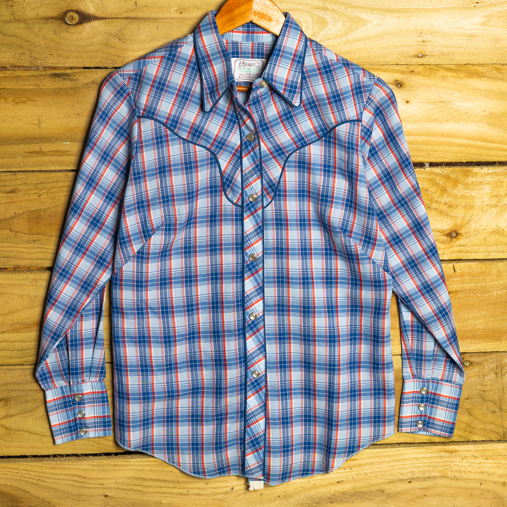 Vintage H Bar C Ranchwear Blue Checked Cotton Shirt with Pearl Snaps - Size M/10