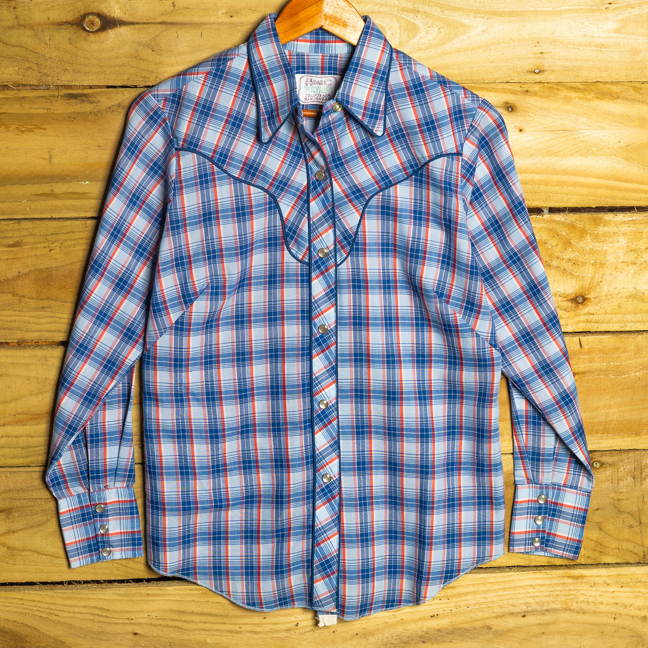 Vintage H Bar C Ranchwear Blue Checked Cotton Shirt with Pearl Snaps - Size M/10