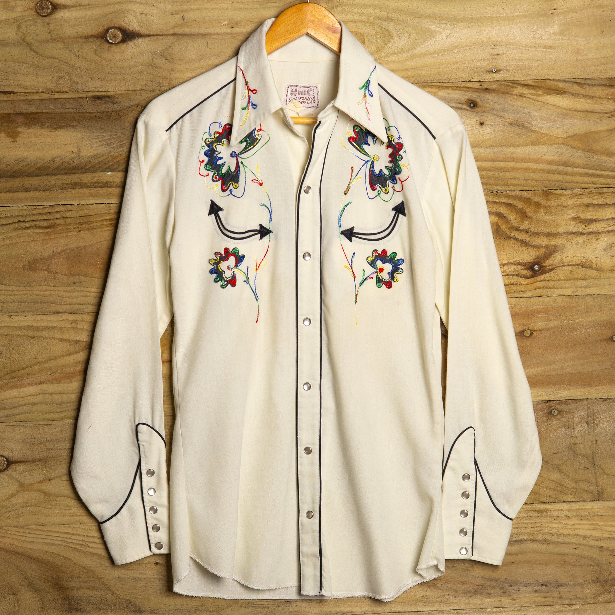 1950s Vintage H bar C California Ranchwear Cream Embroidered Western Shirt
