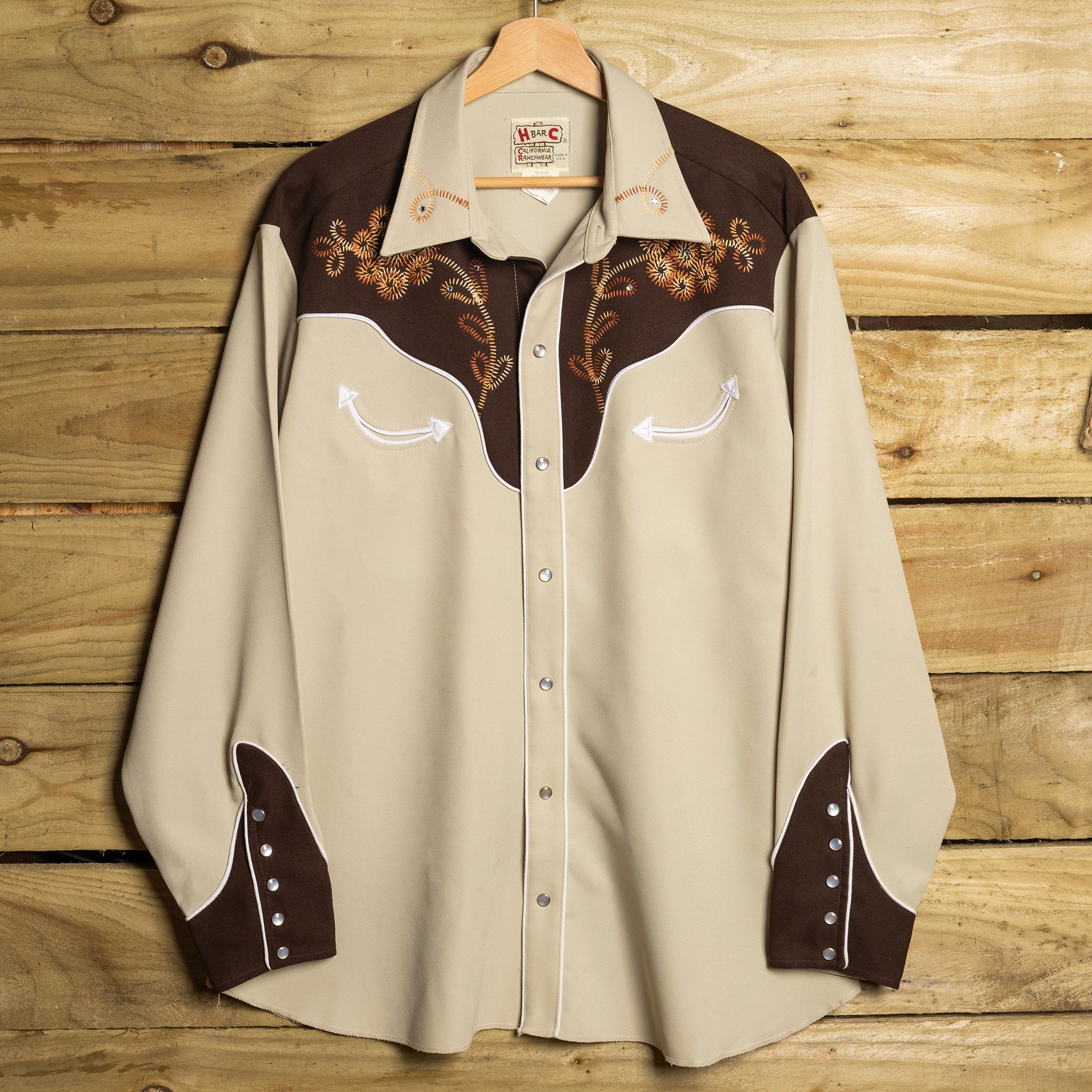 Vintage H Bar C California Ranchwear Embroidered Caramel Cowboy Shirt with Pearl Snaps & Smile Pockets — XXL