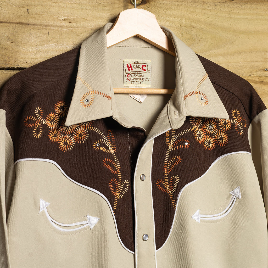 Vintage H Bar C California Ranchwear Embroidered Caramel Cowboy Shirt with Pearl Snaps & Smile Pockets — XXL