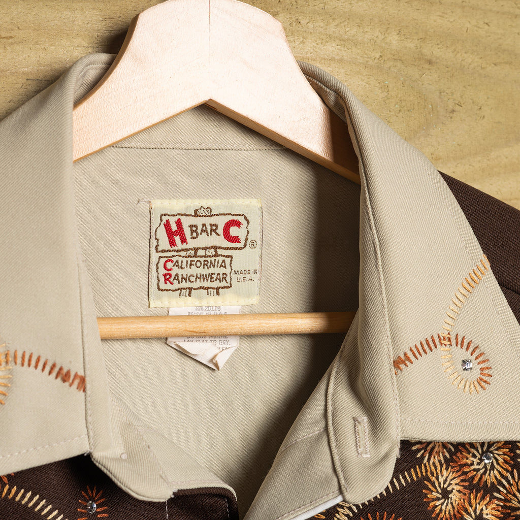 Vintage H Bar C California Ranchwear Embroidered Caramel Cowboy Shirt with Pearl Snaps & Smile Pockets — XXL