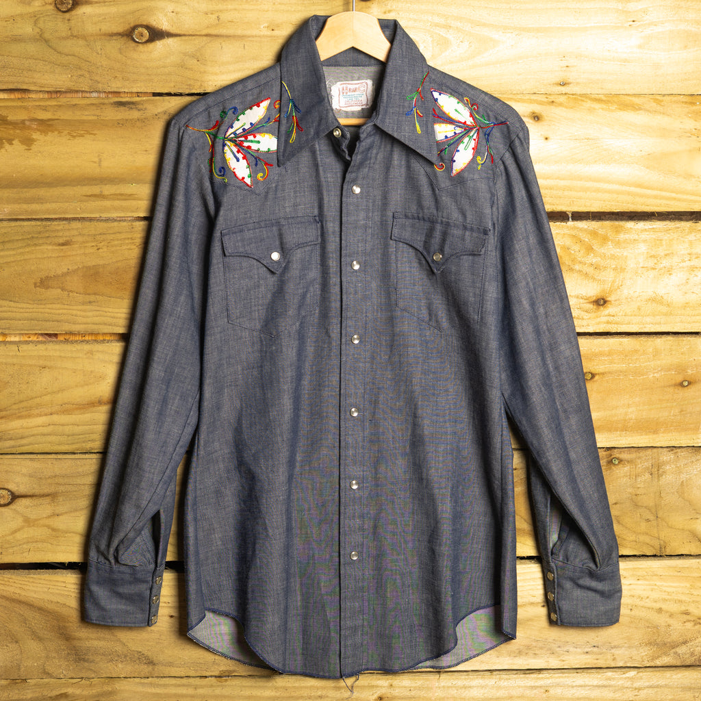 H Bar C California Ranchwear Vintage 1970s Floral Embroidered Long Tail Western Shirt – Pearl Snaps – L