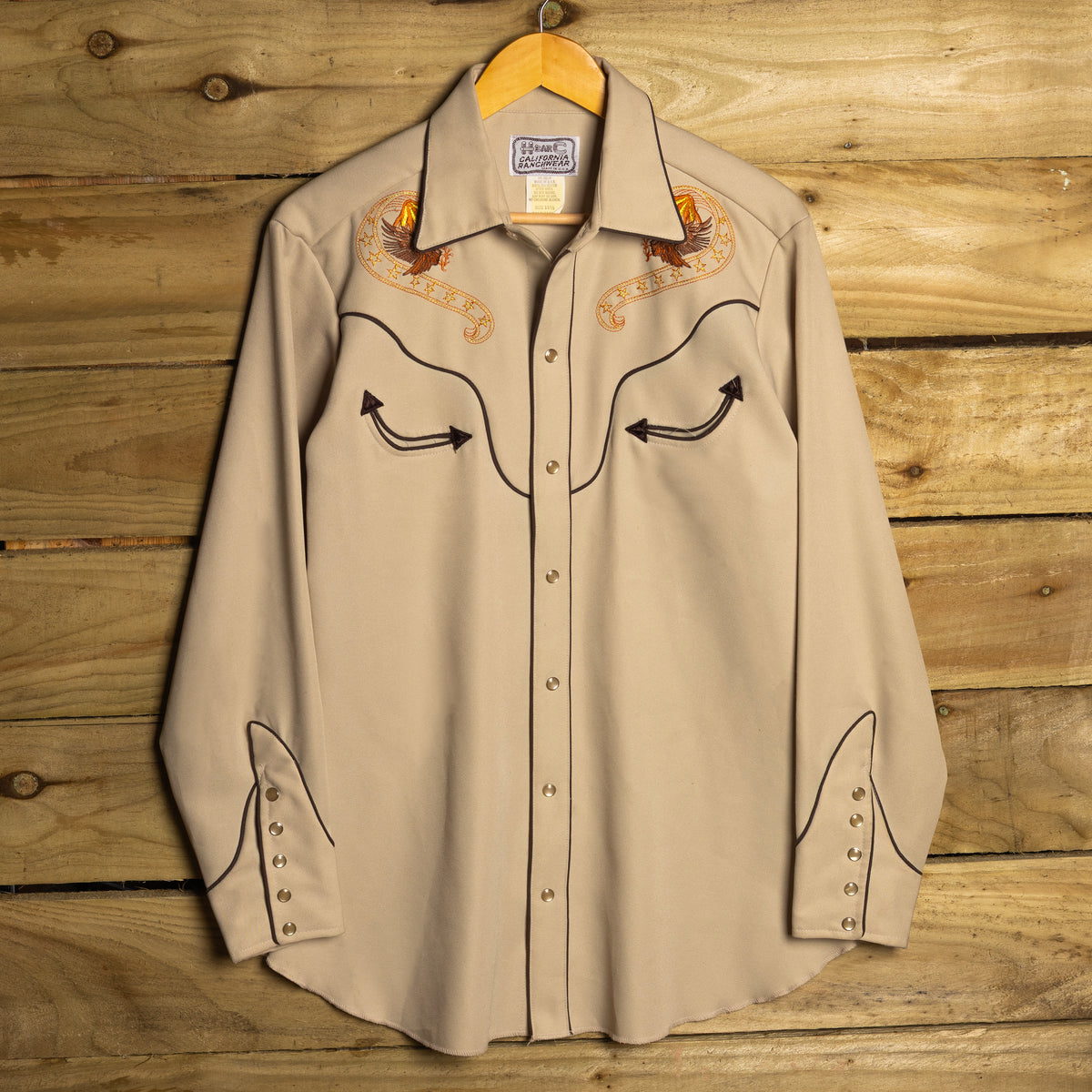 Vintage H Bar C California Ranchwear Beige Eagle Embroidered Western Shirt with Pearl Snaps, Size M