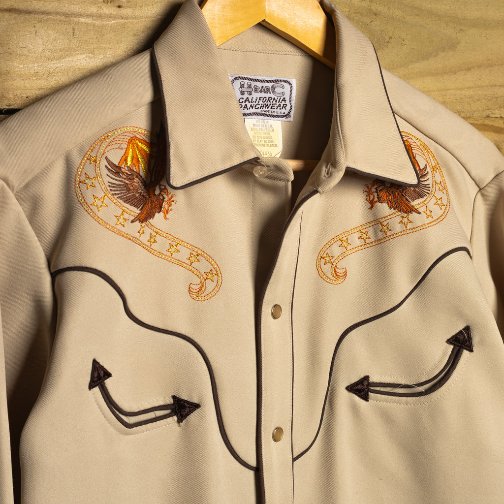 Vintage H Bar C California Ranchwear Beige Eagle Embroidered Western Shirt with Pearl Snaps, Size M