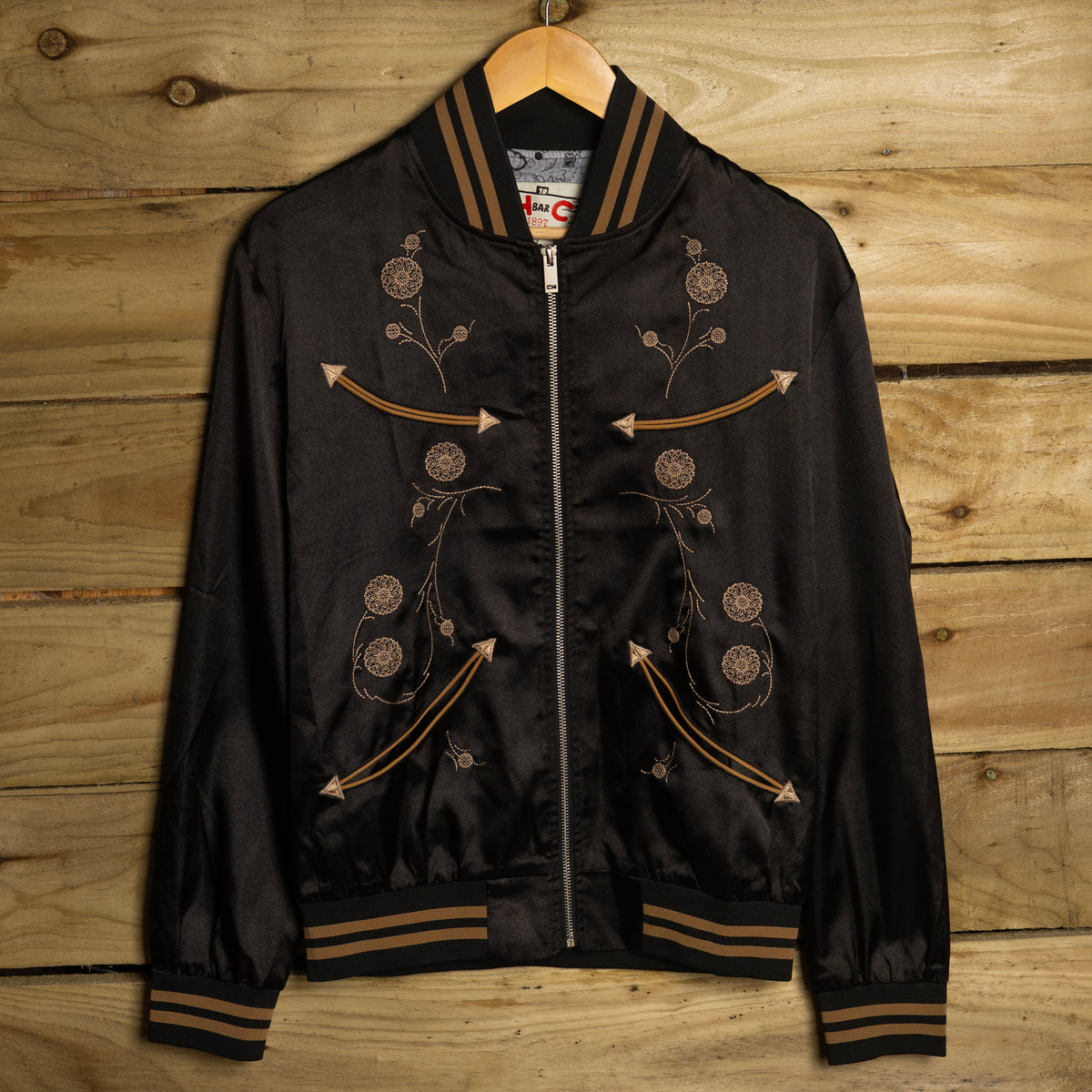 H Bar C Gibson Black Embroidered Satin Bomber Jacket – S