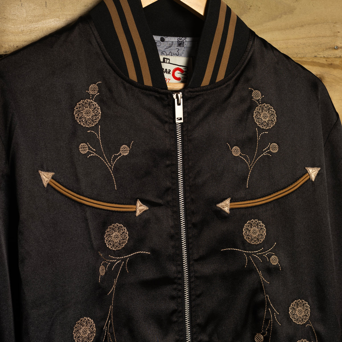 H Bar C Gibson Black Embroidered Satin Bomber Jacket – S