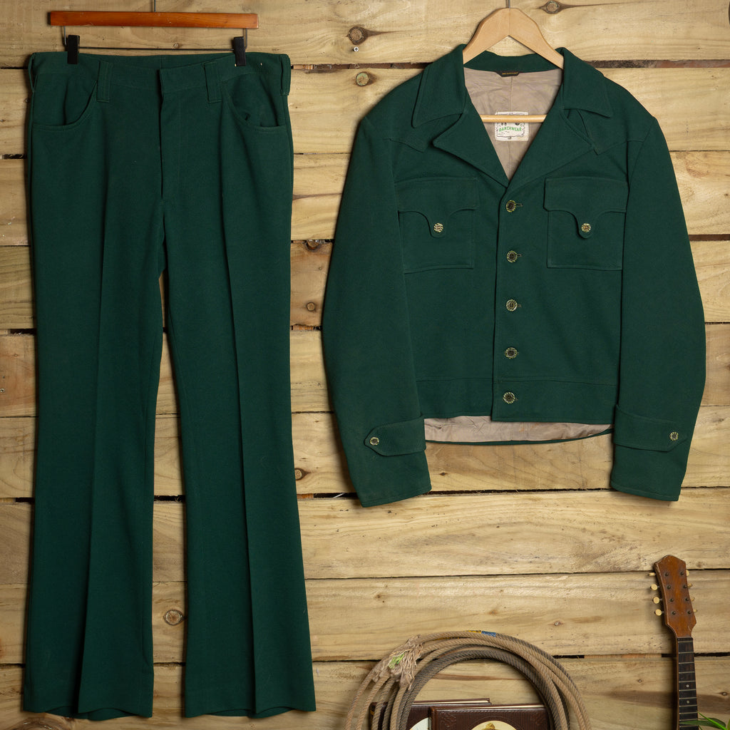 1950s-60s H Bar C California Ranchwear Green Western Two-Piece Suit, Size 34