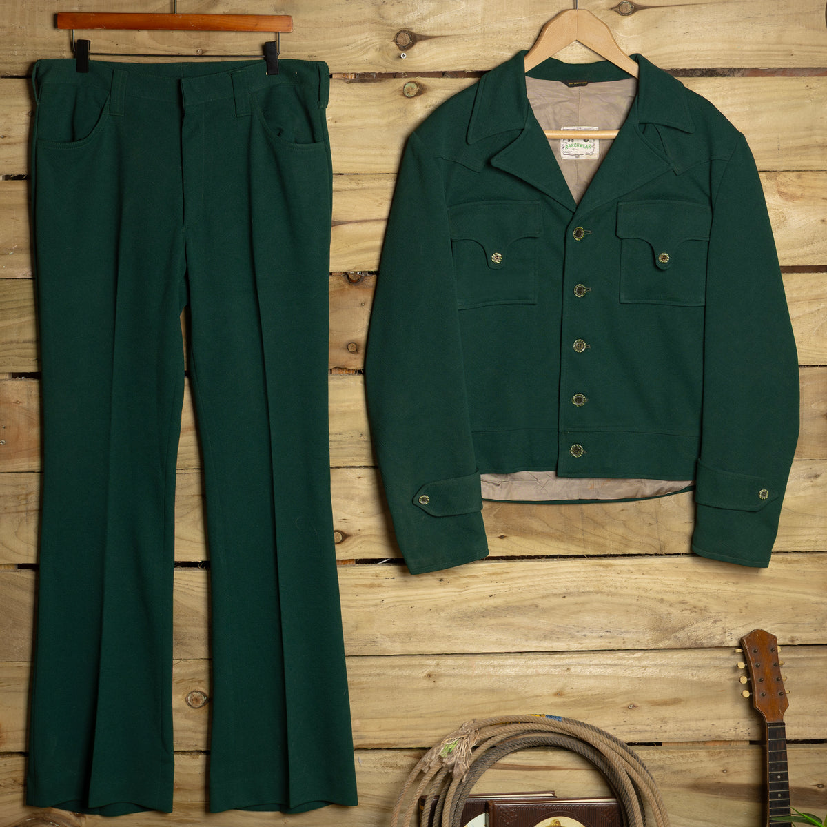 1950s-60s H Bar C California Ranchwear Green Western Two-Piece Suit, Size 34