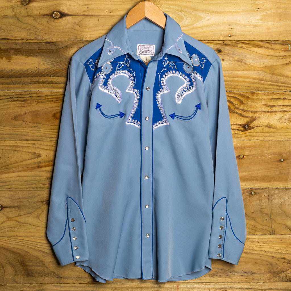 Vintage 1970s H Bar C California Ranchwear Blue Embroidered Cowboy Shirt with Pearl Snaps - Size Medium - Rodeo Joe's Western Wear