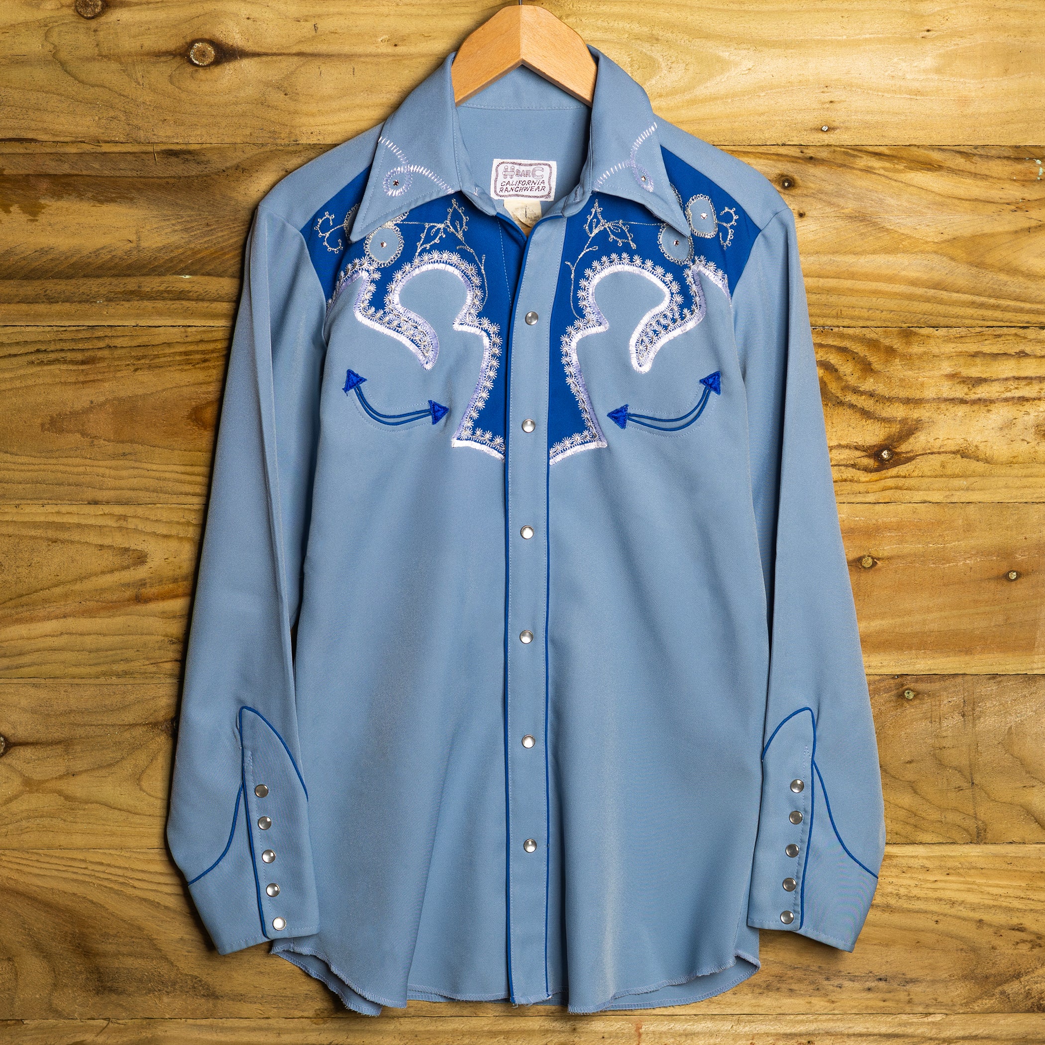 1970s Vintage H Bar C California Ranchwear Blue Embroidered Western Shirt M