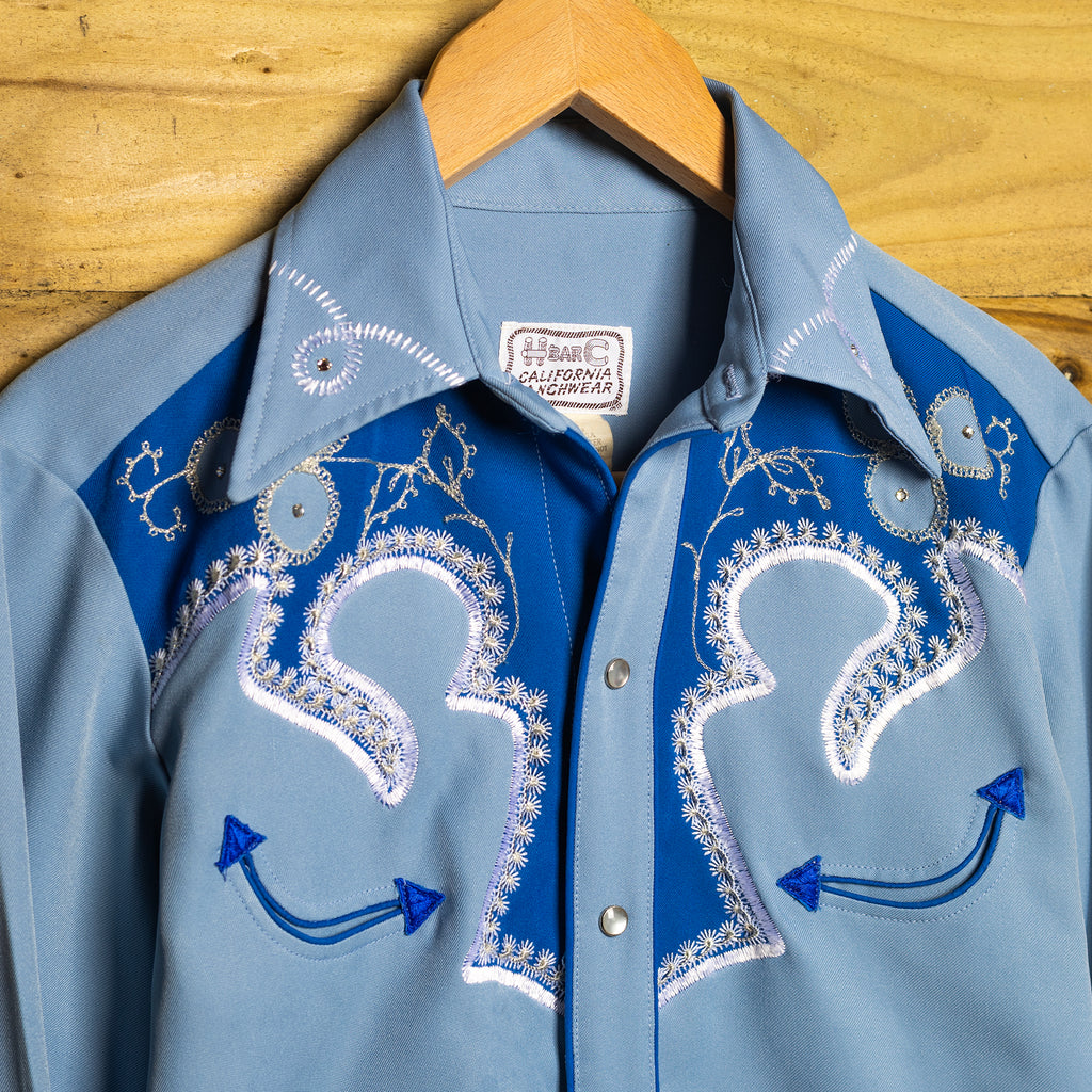 Vintage 1970s H Bar C California Ranchwear Blue Embroidered Cowboy Shirt with Pearl Snaps - Size Medium - Rodeo Joe's Western Wear