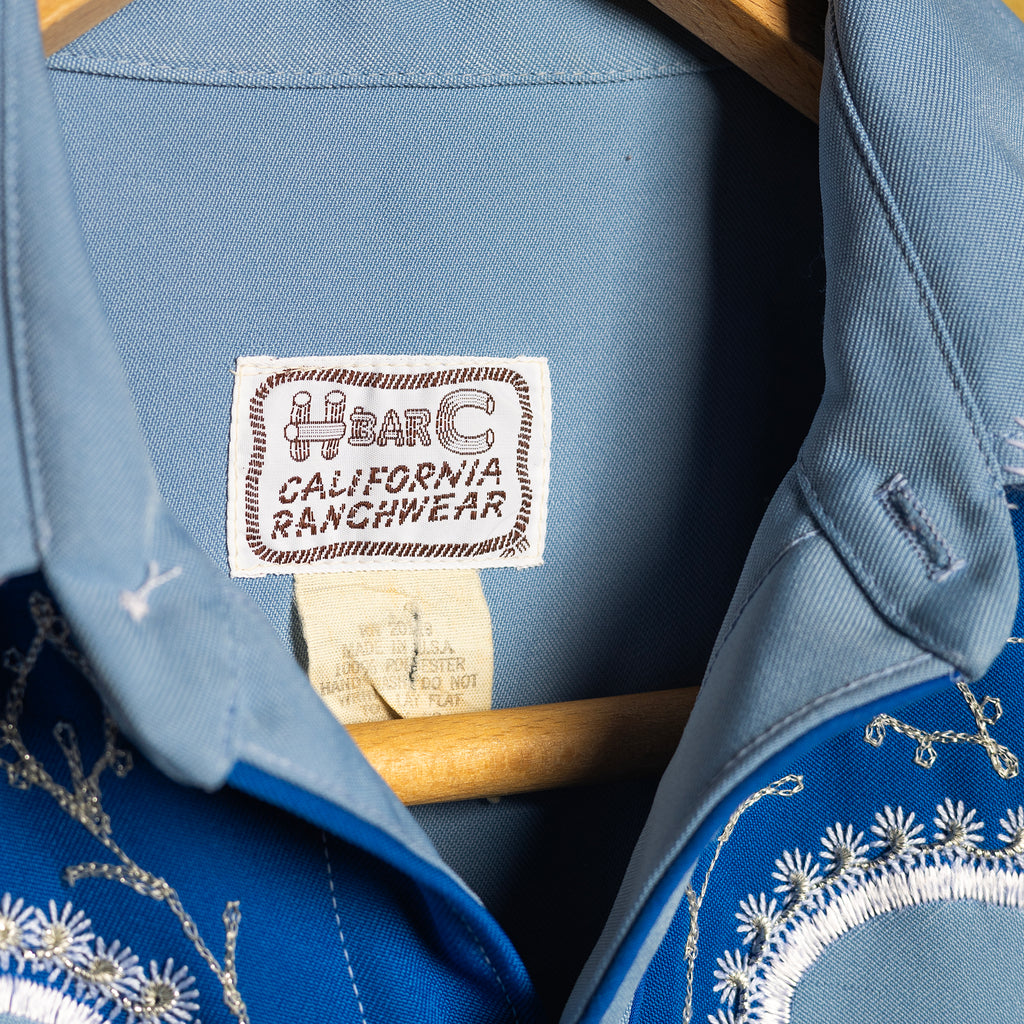 Vintage 1970s H Bar C California Ranchwear Blue Embroidered Cowboy Shirt with Pearl Snaps - Size Medium - Rodeo Joe's Western Wear