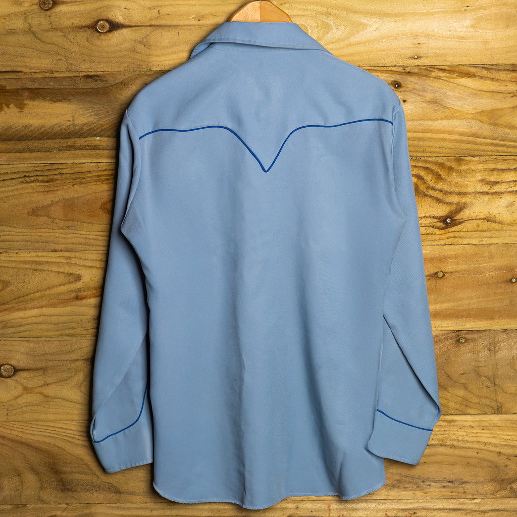 Vintage 1970s H Bar C California Ranchwear Blue Embroidered Cowboy Shirt with Pearl Snaps - Size Medium - Rodeo Joe's Western Wear