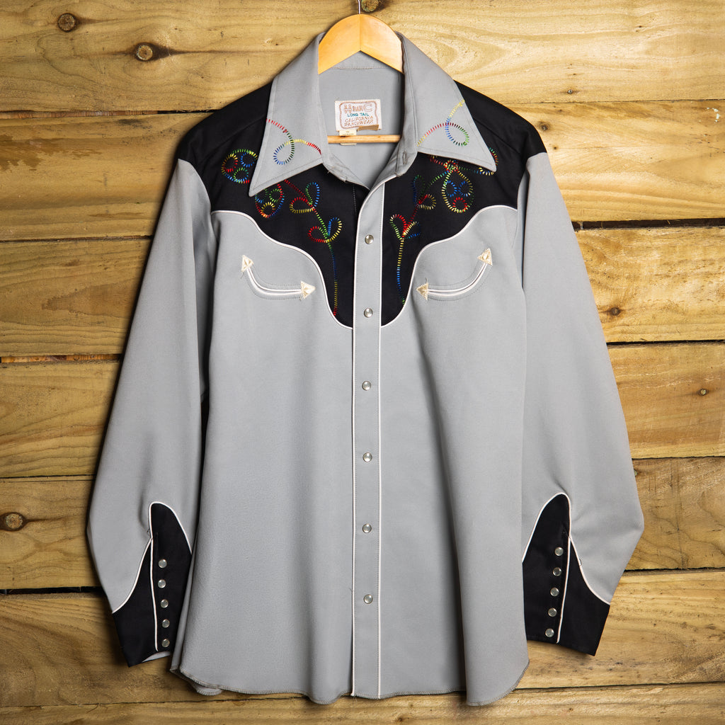 1970s H Bar C California Ranchwear Grey Embroidered Longtail Western Shirt, Size L