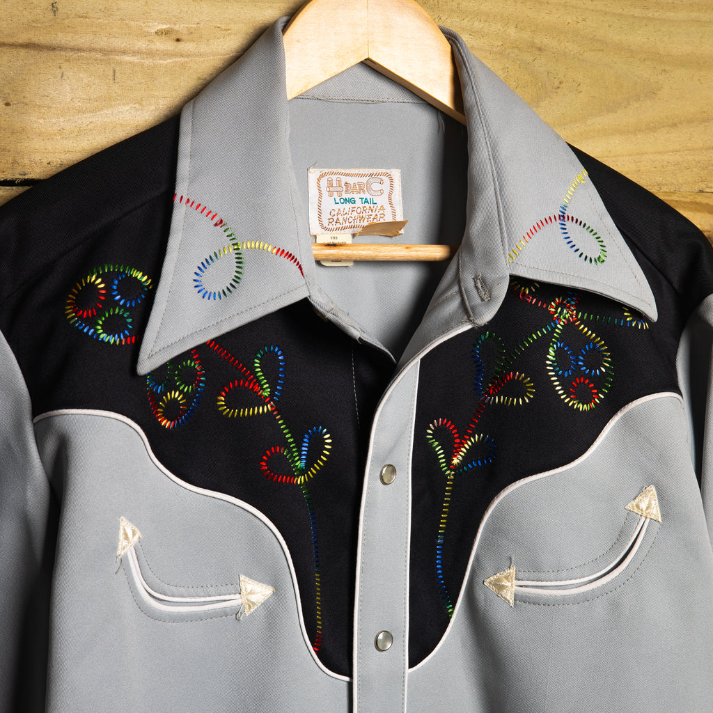 1970s H Bar C California Ranchwear Grey Embroidered Longtail Western Shirt, Size L