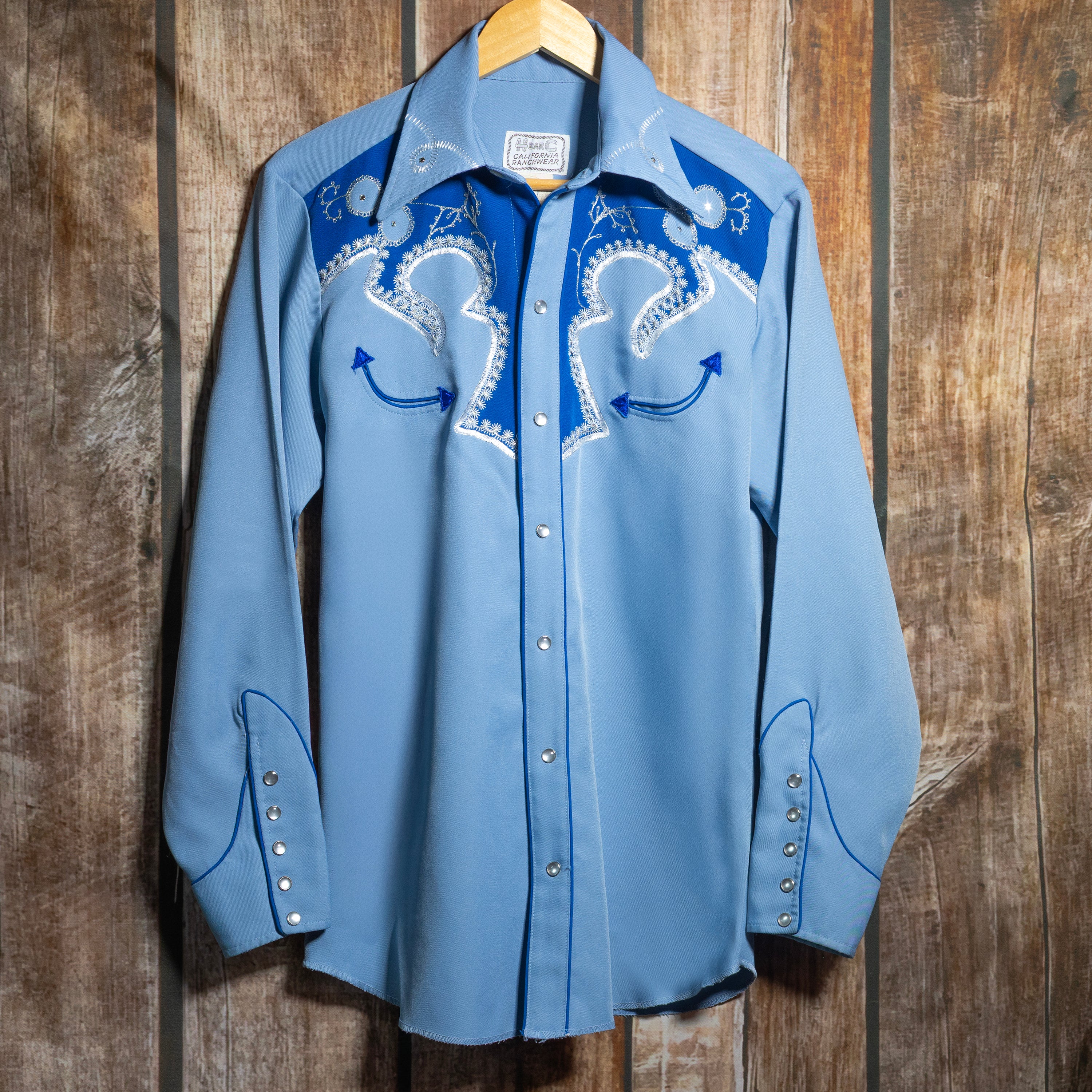 1970s Vintage H Bar C California Ranchwear Blue Embroidered Western Shirt M