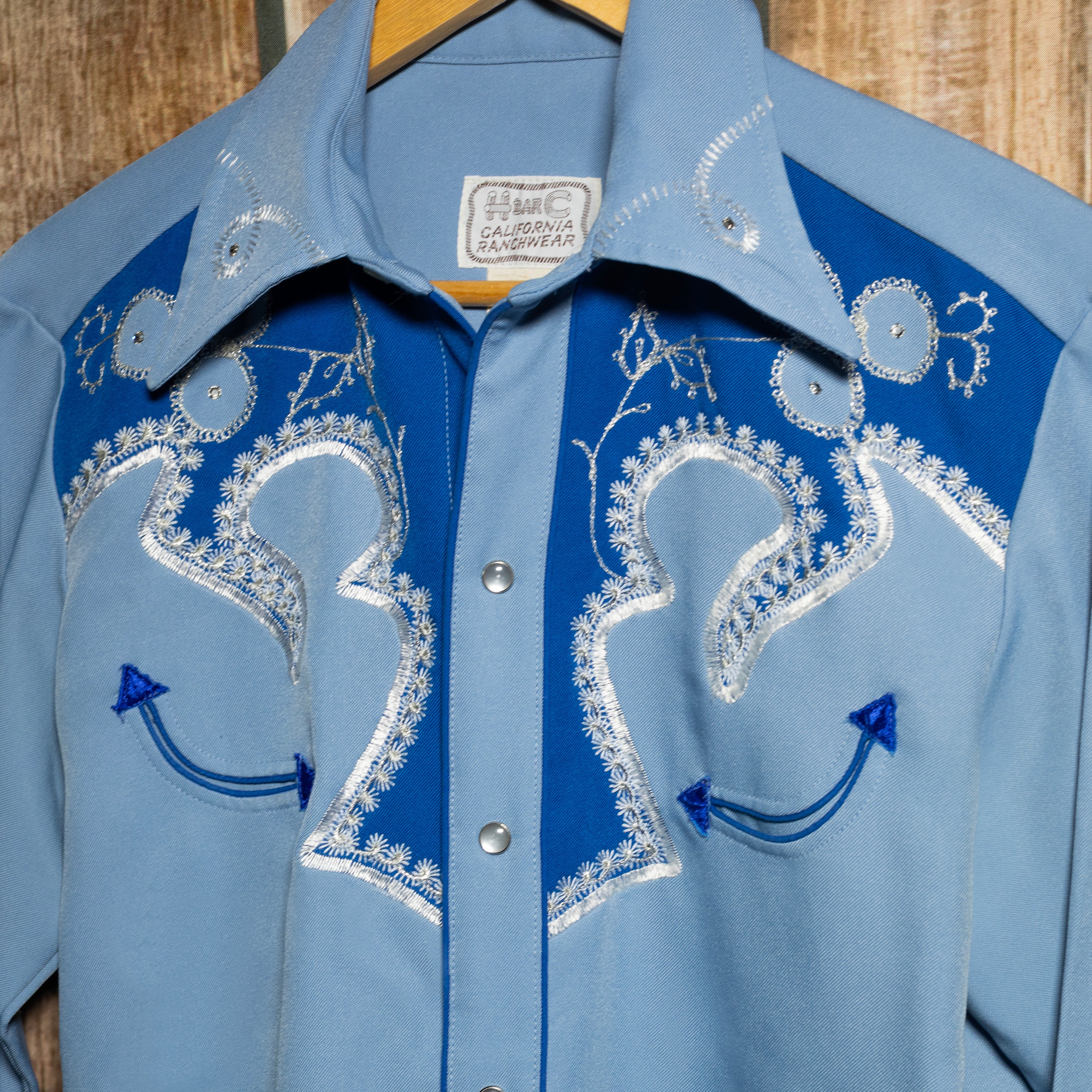 1970s Vintage H Bar C California Ranchwear Blue Embroidered Western Shirt M