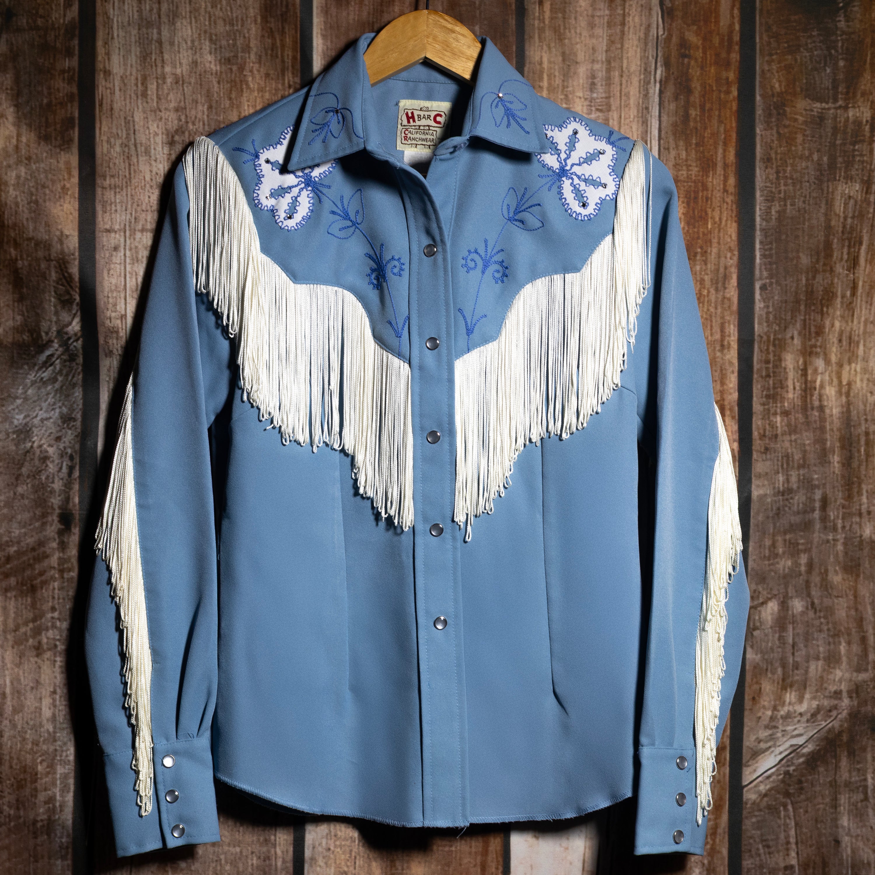1970s Vintage H Bar C Ranchwear Light Blue Fringed Embroidered Western Shirt