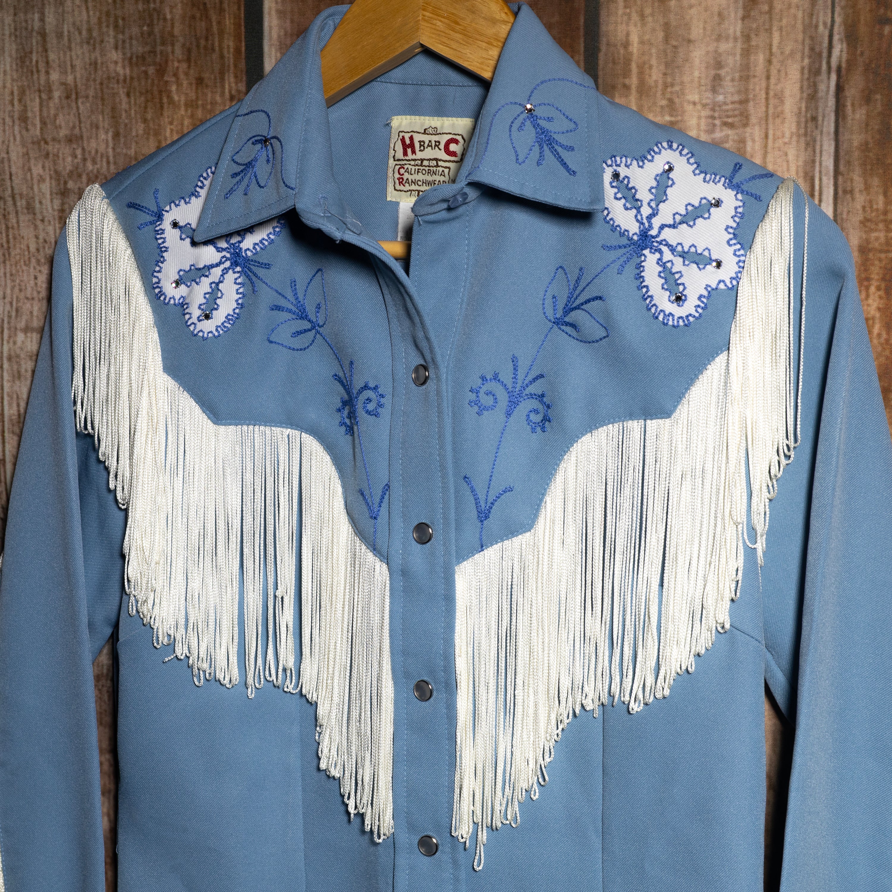 1970s Vintage H Bar C Ranchwear Light Blue Fringed Embroidered Western Shirt