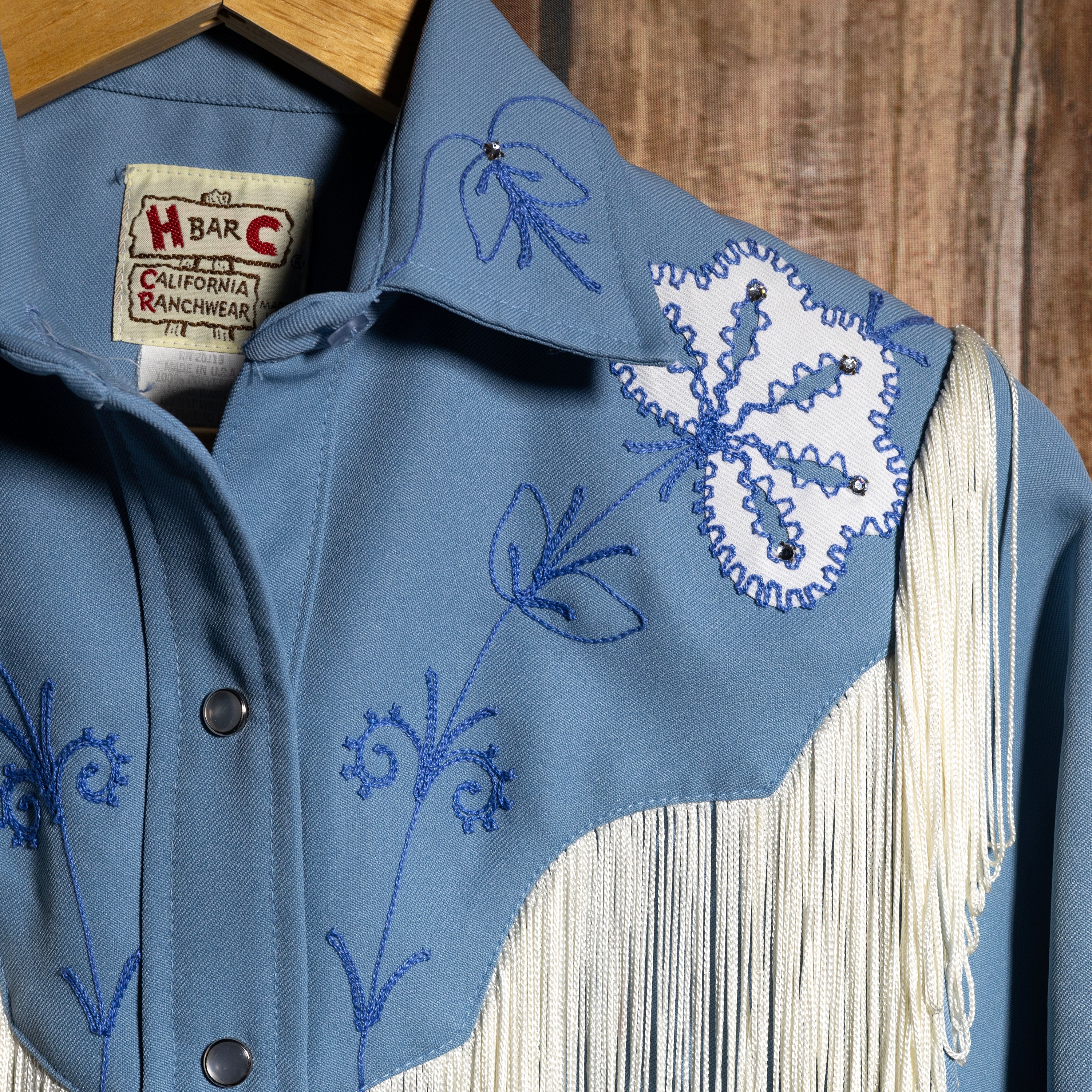 1970s Vintage H Bar C Ranchwear Light Blue Fringed Embroidered Western Shirt
