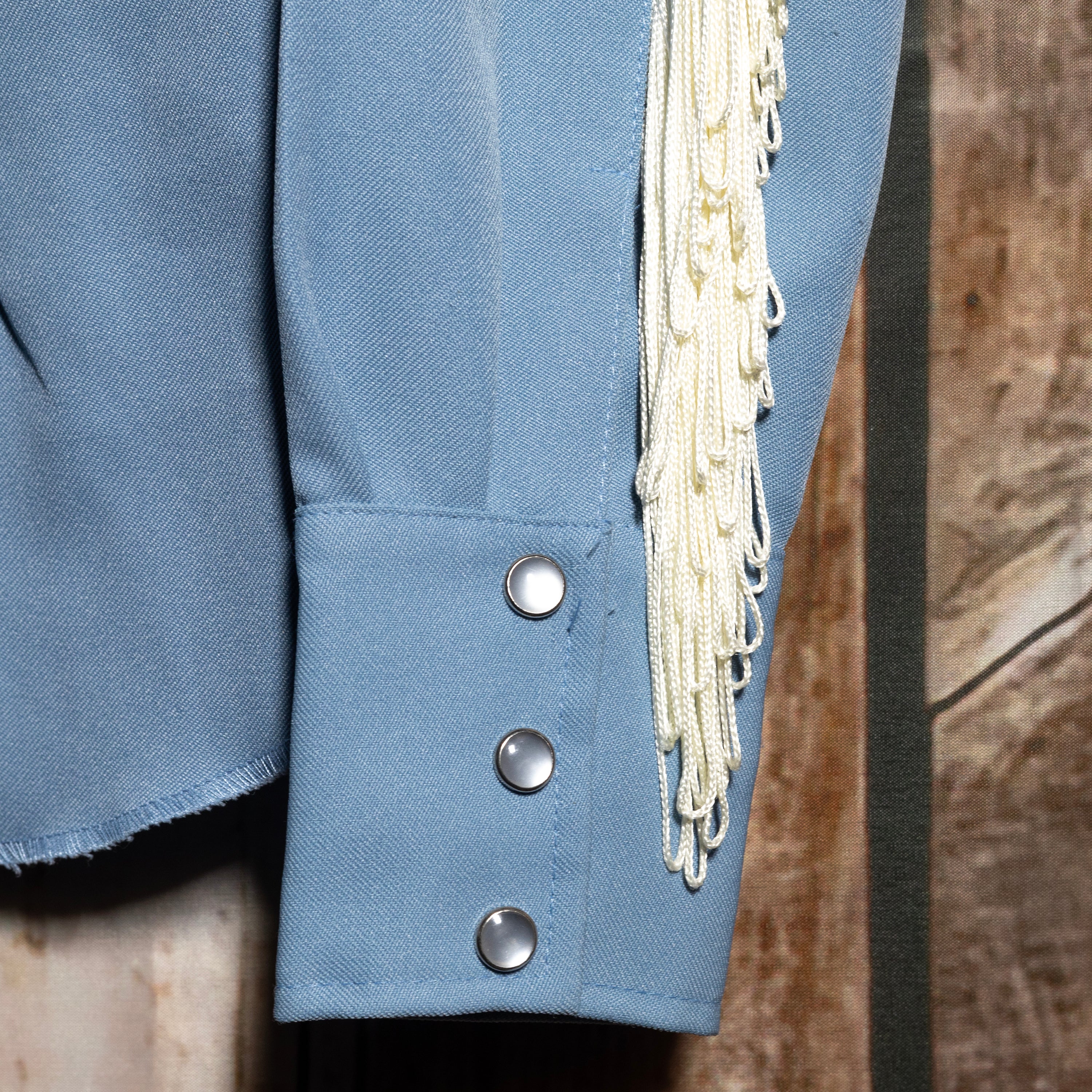 1970s Vintage H Bar C Ranchwear Light Blue Fringed Embroidered Western Shirt