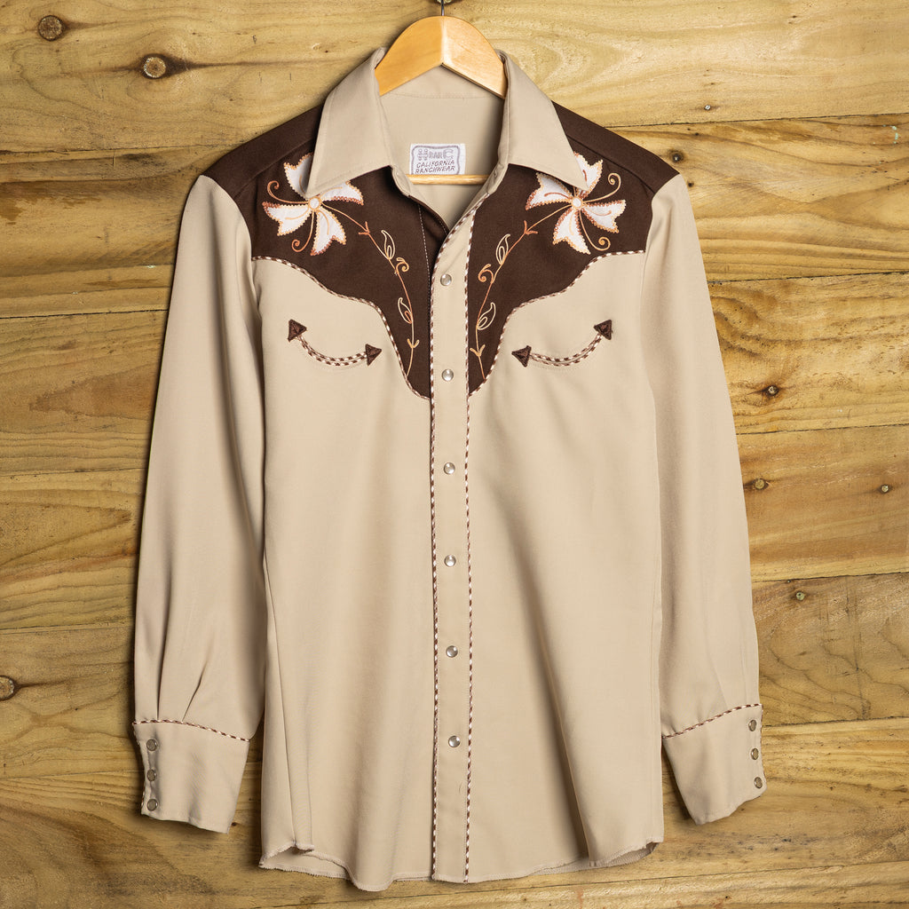 Vintage H Bar C California Ranchwear Embroidered Brown & Beige Western Shirt - Pearl Snaps - Size M