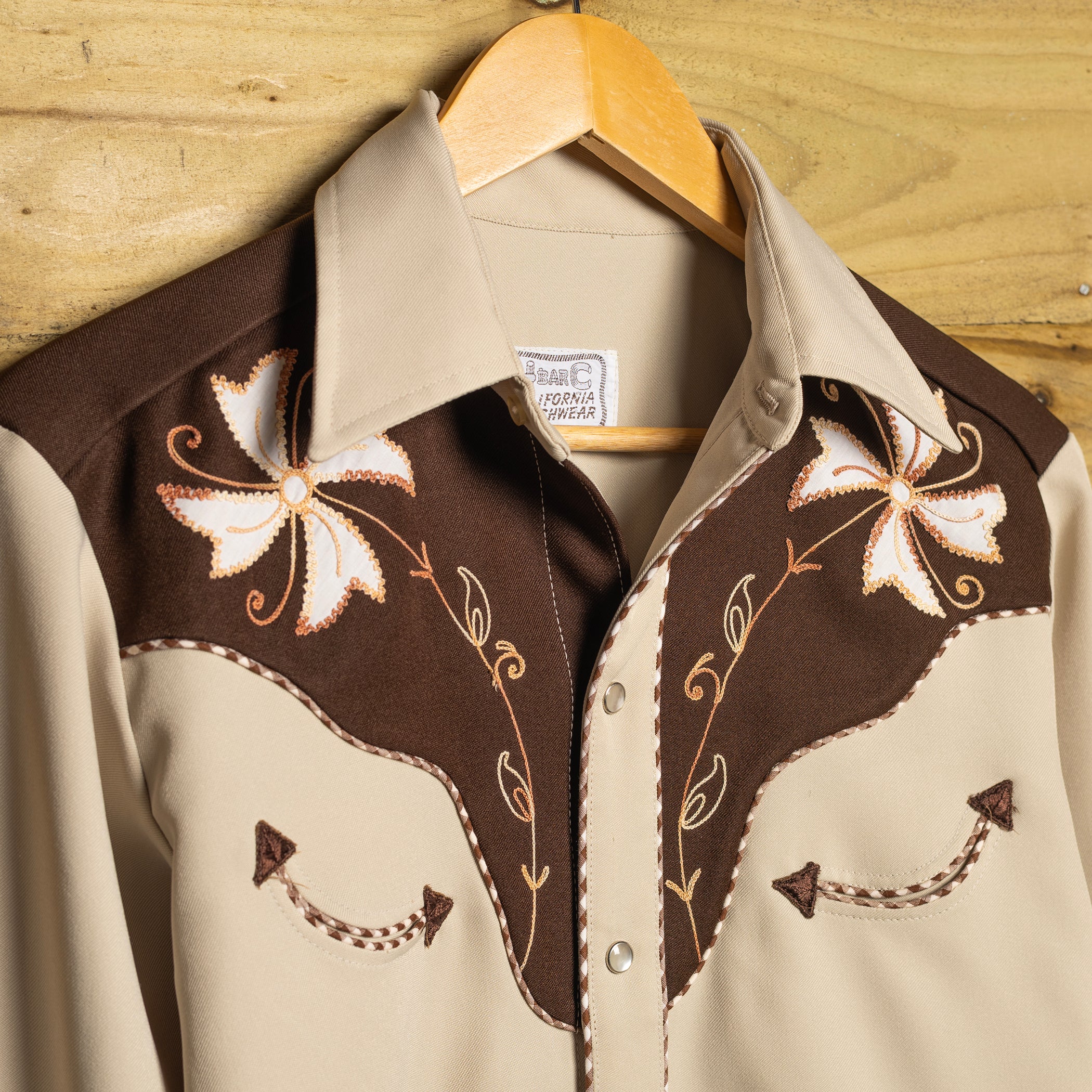 H Bar C Brown Beige Shirt | Vintage Embroidered Two-Tone Western