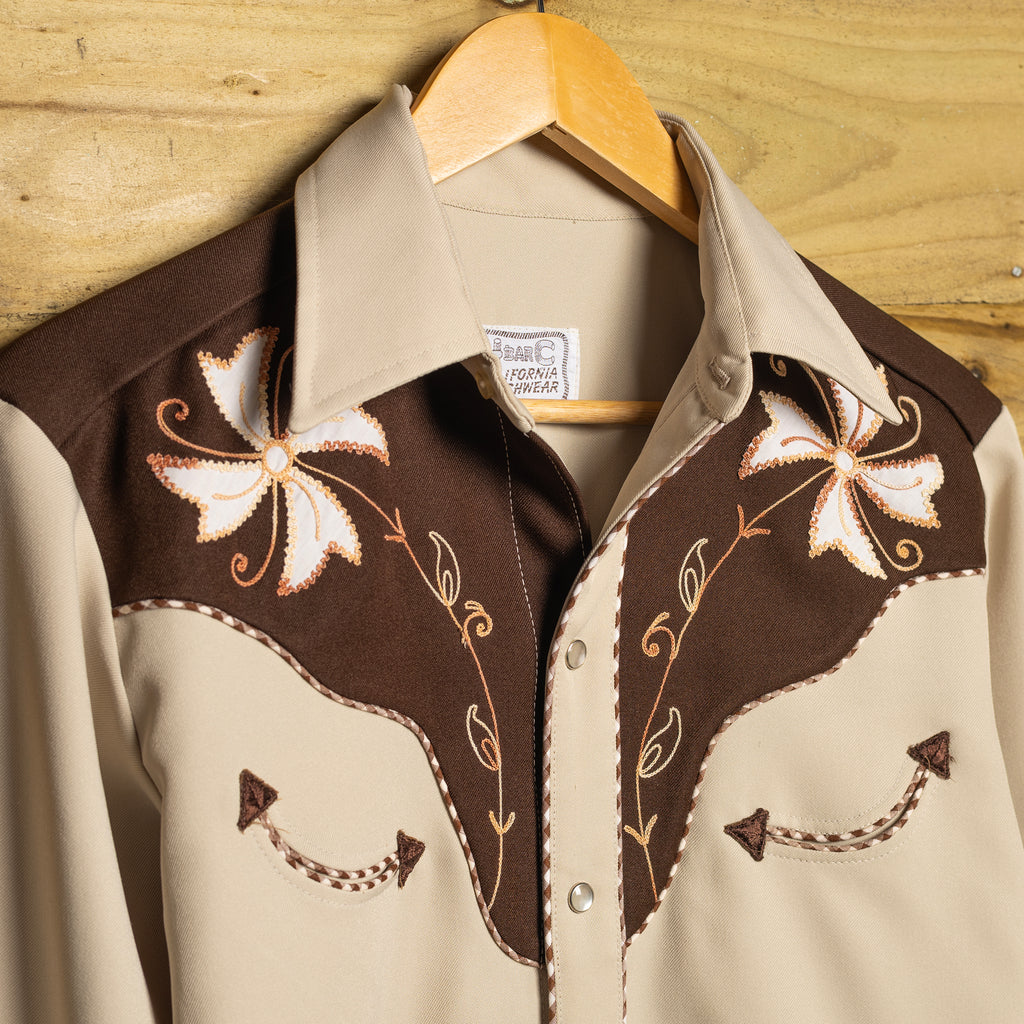 Vintage H Bar C California Ranchwear Embroidered Brown & Beige Western Shirt - Pearl Snaps - Size M