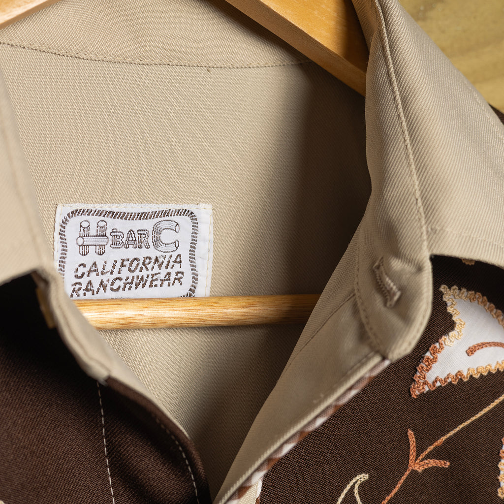 Vintage H Bar C California Ranchwear Embroidered Brown & Beige Western Shirt - Pearl Snaps - Size M