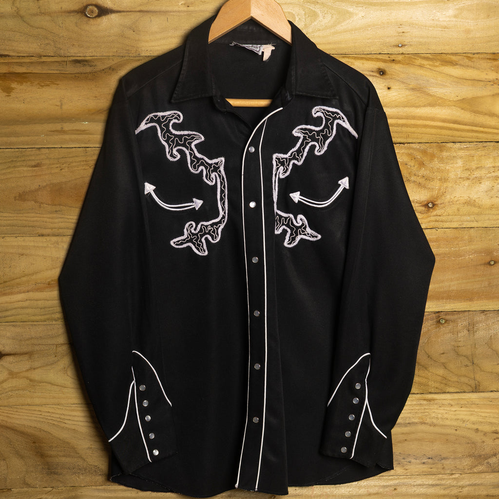 Vintage H Bar C California Ranchwear Embroidered Black Western Shirt - Pearl Snaps - Size L