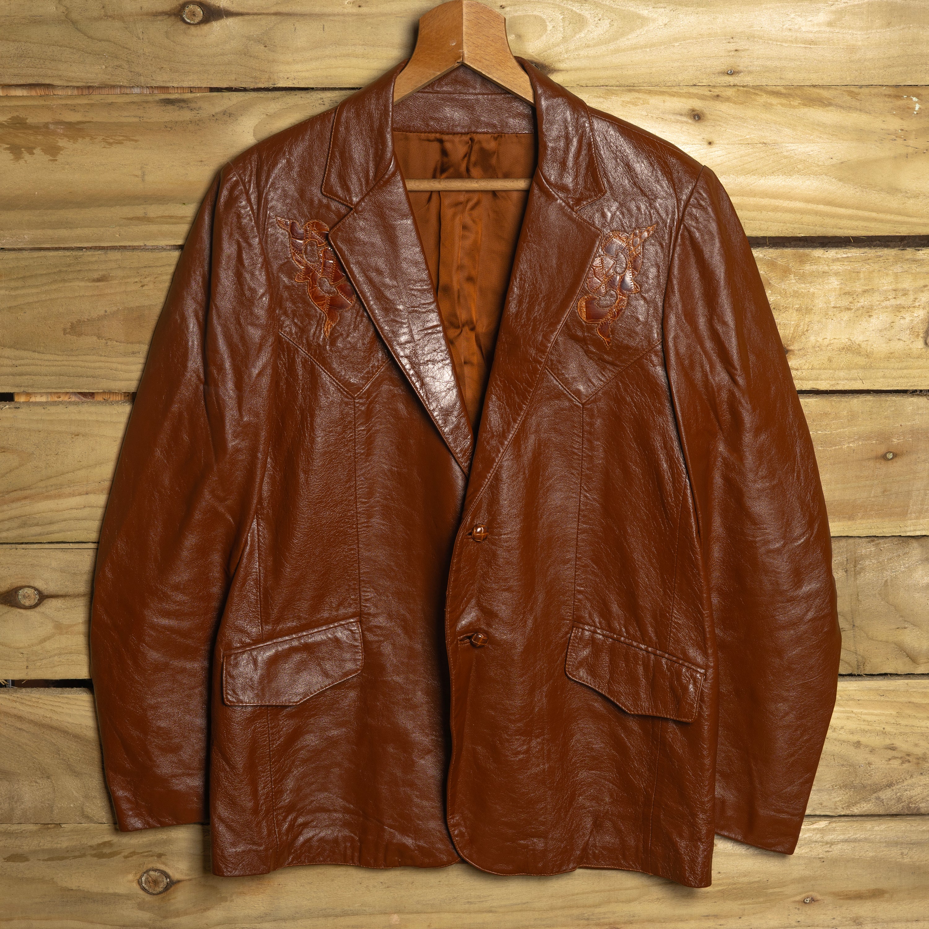 H Bar C California Ranchwear Vintage Brown Leather Floral Appliqué Western Jacket — Size 44