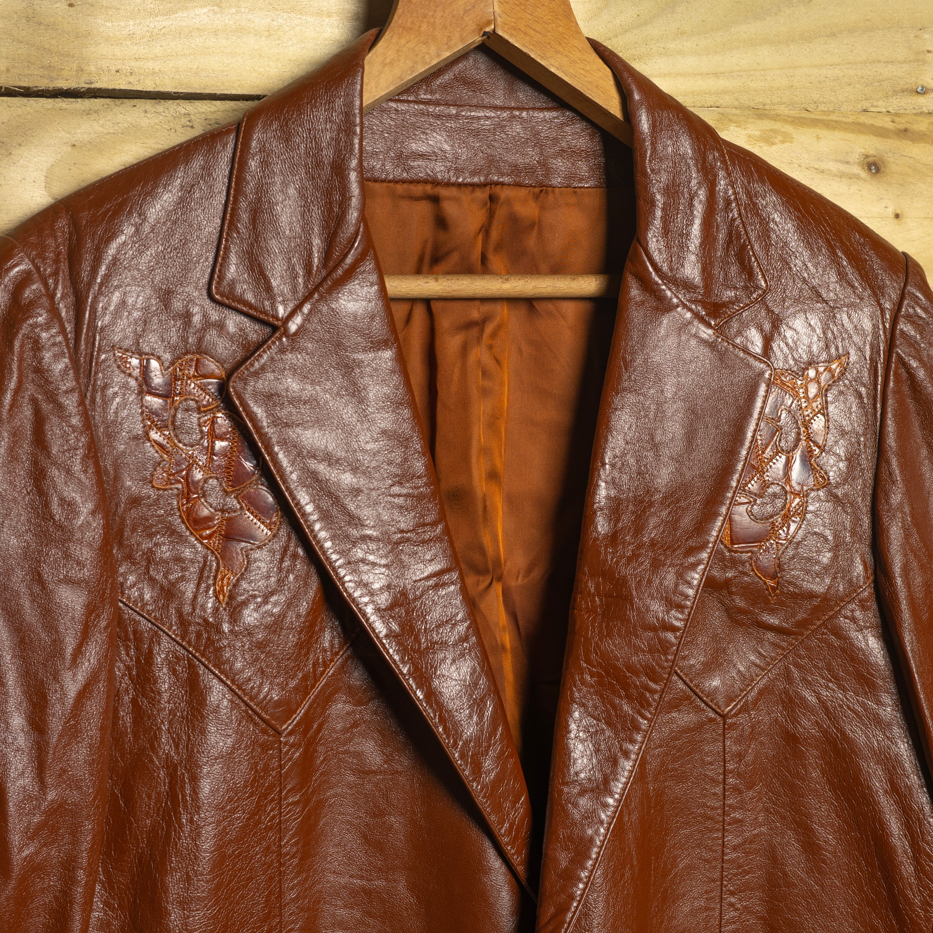 H Bar C California Ranchwear Vintage Brown Leather Floral Appliqué Western Jacket — Size 44