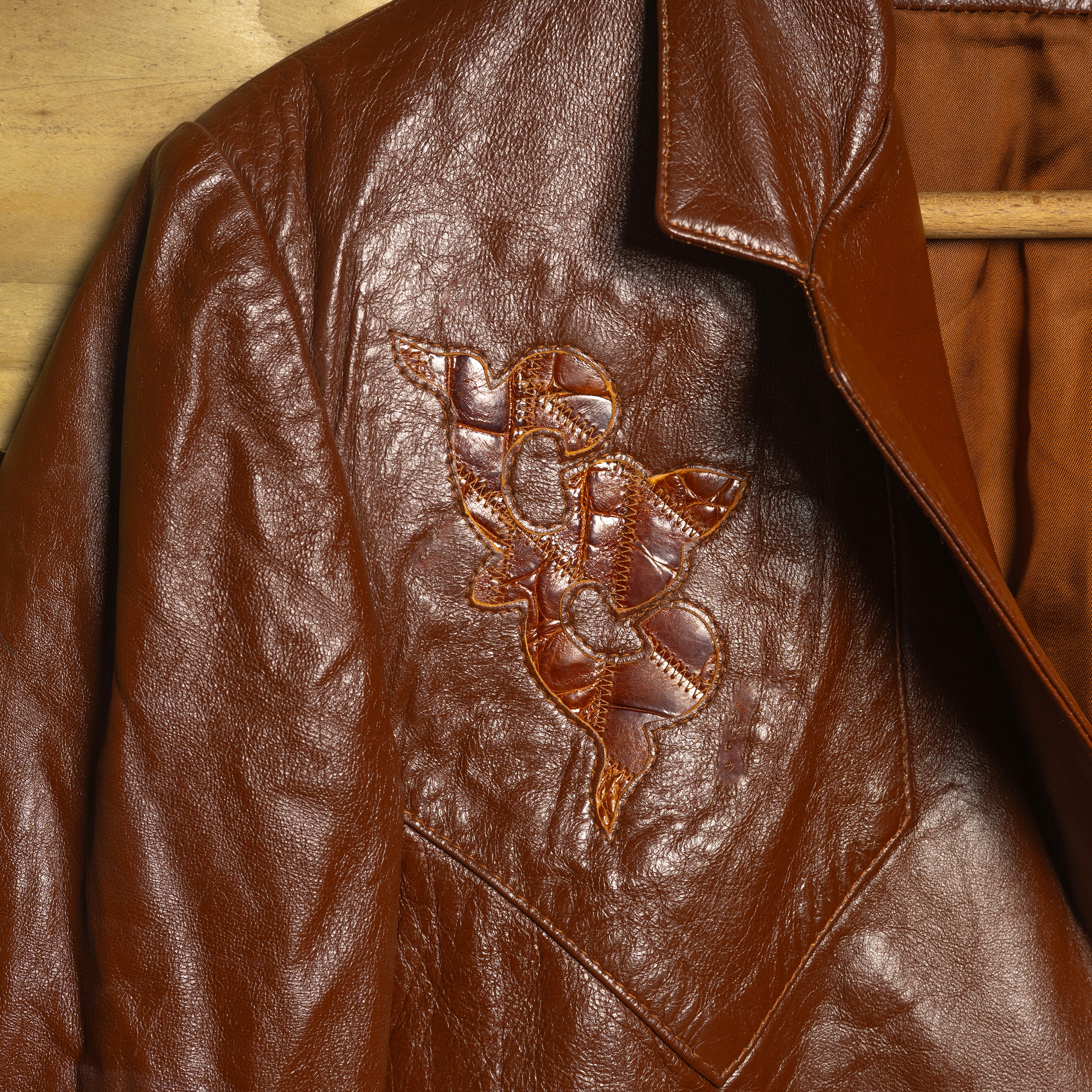 H Bar C California Ranchwear Vintage Brown Leather Floral Appliqué Western Jacket — Size 44