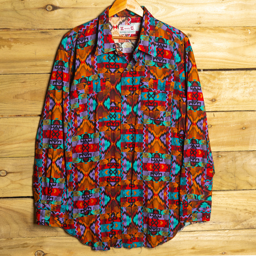 Vintage H Bar C California Ranchwear Multicoloured Print Cowboy Shirt with Pearl Snaps - Size XXL