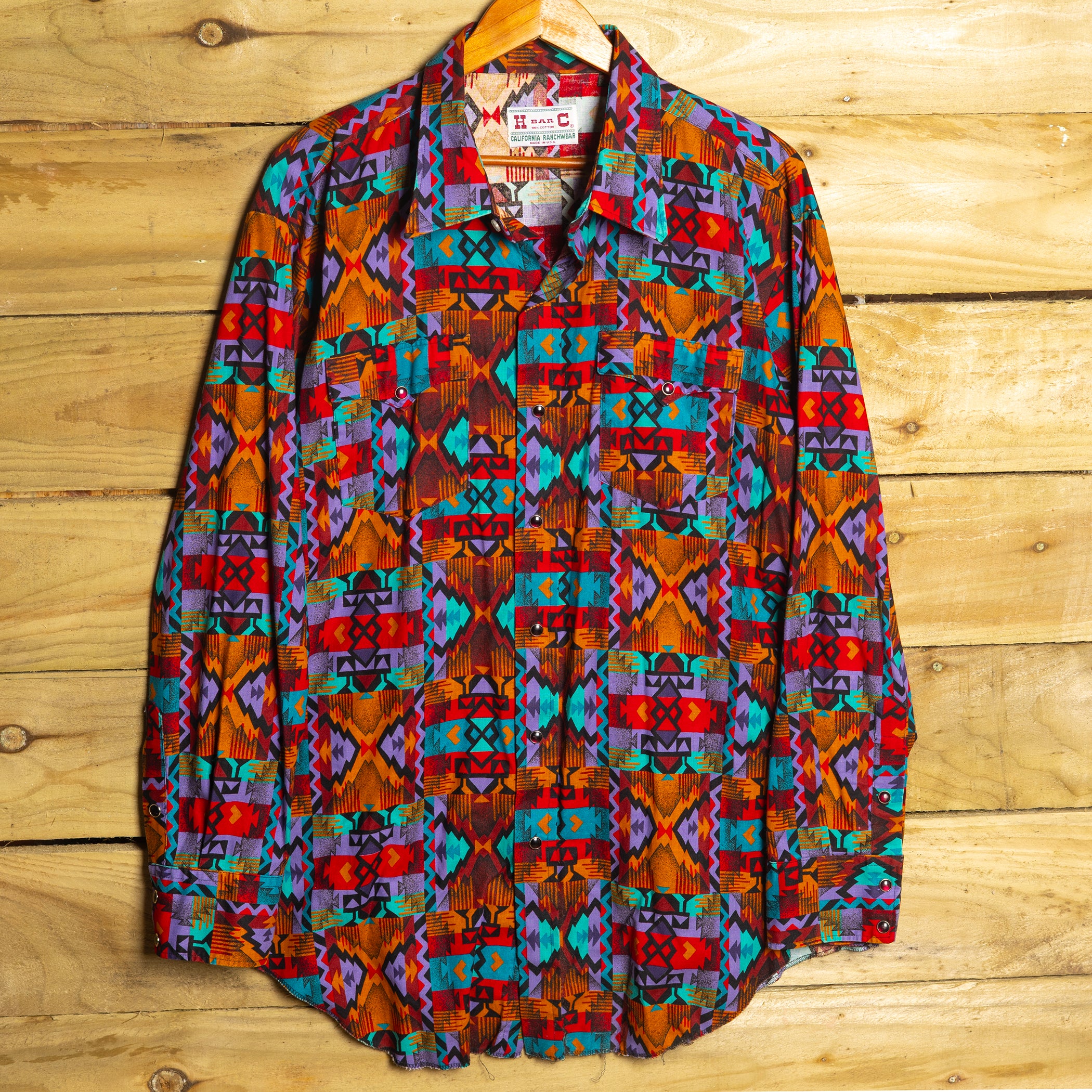 Vintage H Bar C California Ranchwear Multicoloured Print Cowboy Shirt with Pearl Snaps - Size XXL