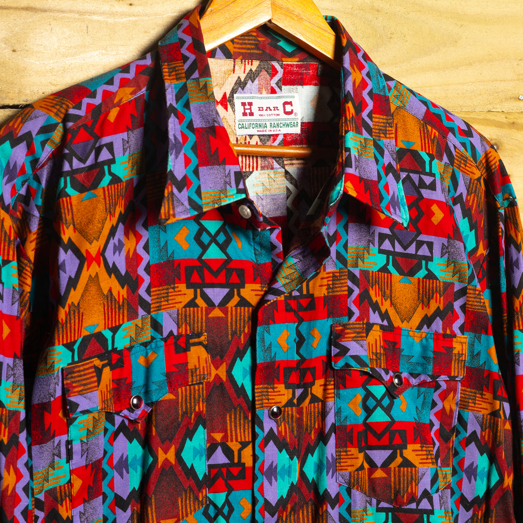 Vintage H Bar C California Ranchwear Multicoloured Print Cowboy Shirt with Pearl Snaps - Size XXL
