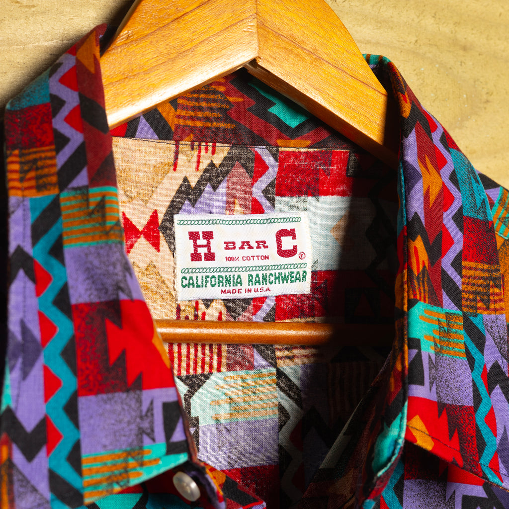 Vintage H Bar C California Ranchwear Multicoloured Print Cowboy Shirt with Pearl Snaps - Size XXL