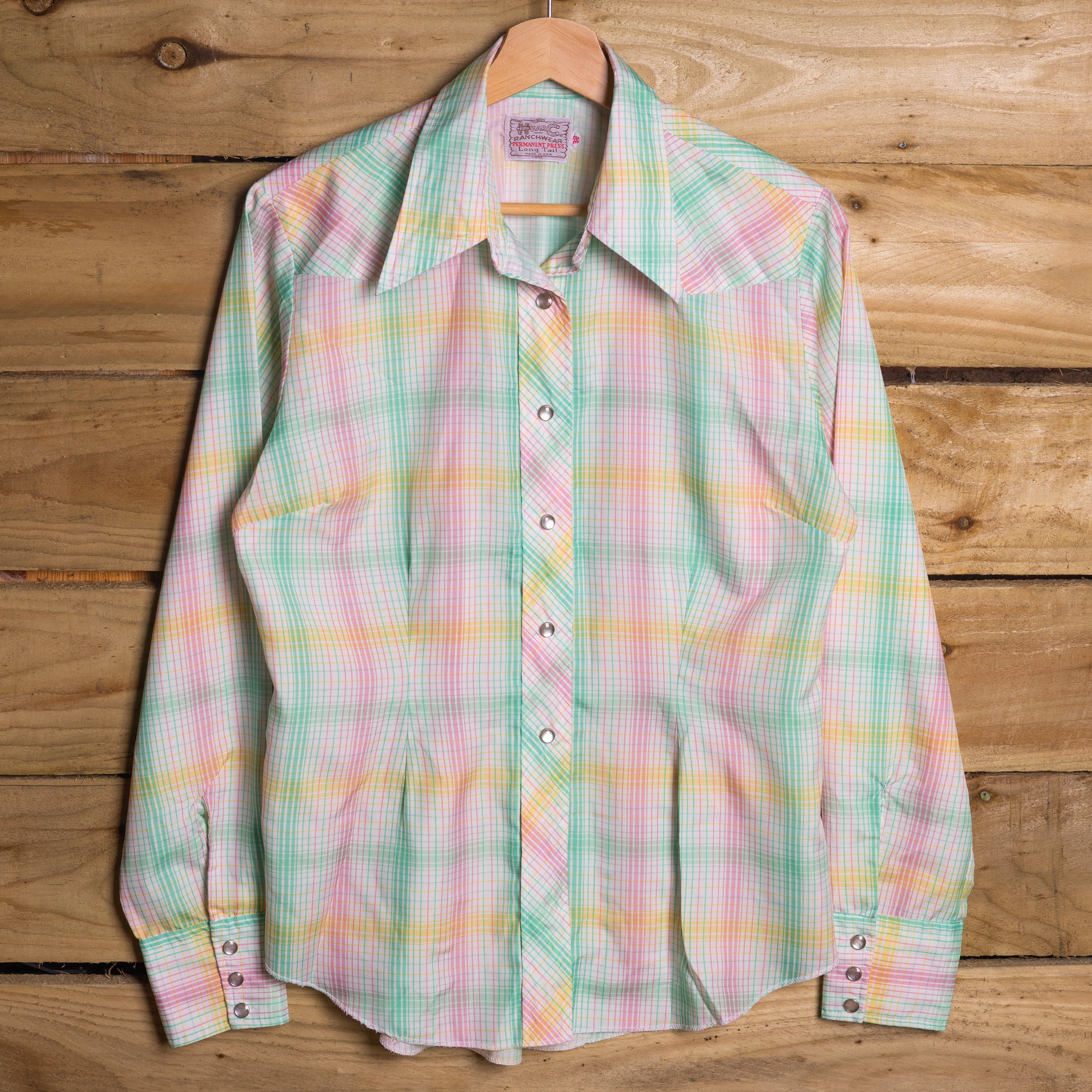 H Bar C California Ranchwear Vintage Women's Pastel Long Tail Western Shirt – Pearl Snaps – M (12–14)