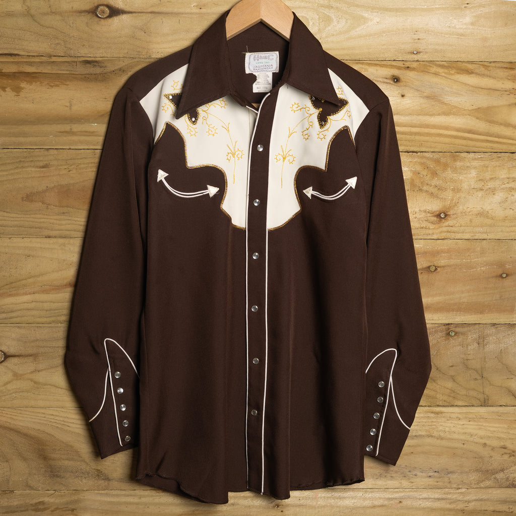 Vintage 1970s H Bar C California Ranchwear Brown Embroidered Cowboy Shirt with Pearl Snaps - Size Medium - Rodeo Joe's Western Wear