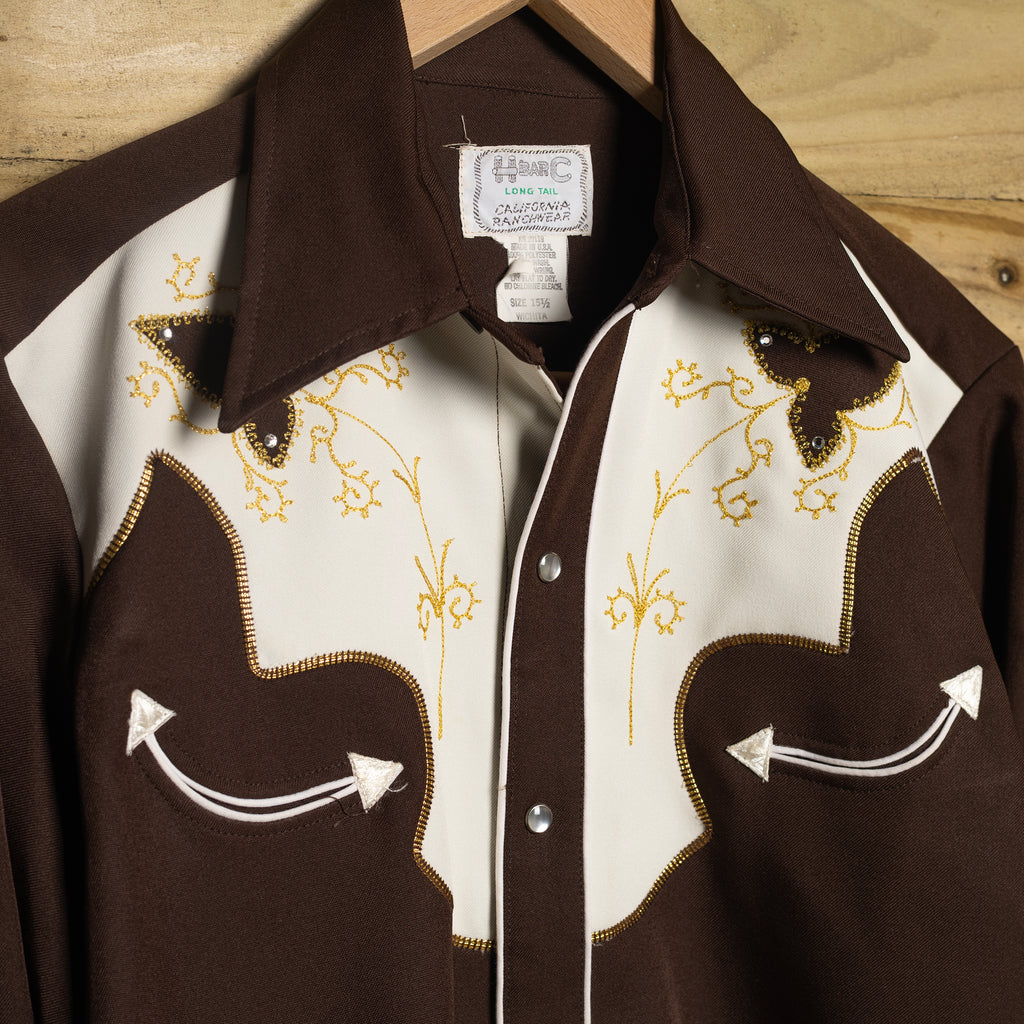 Vintage 1970s H Bar C California Ranchwear Brown Embroidered Cowboy Shirt with Pearl Snaps - Size Medium - Rodeo Joe's Western Wear